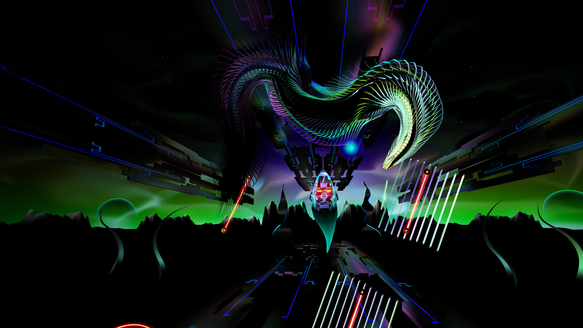 HD desktop wallpaper featuring vibrant graphics inspired by the video game Thrasher (2024), showcasing a dynamic dragon design against a futuristic landscape.