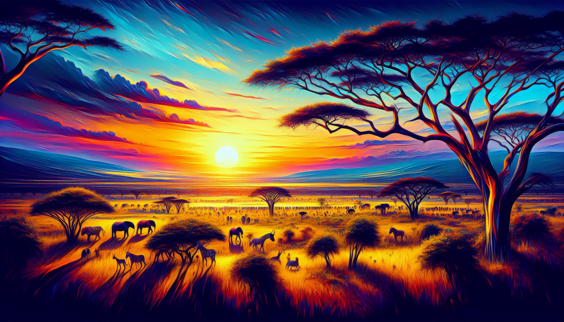 A stunning savannah landscape depicted as a high-definition desktop wallpaper, showcasing the beauty of open grasslands under a vibrant sky.