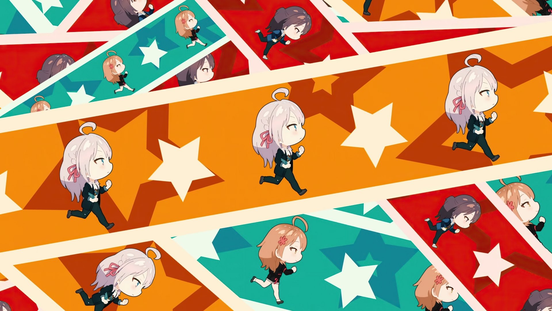 4K Ultra HD PC wallpaper featuring chibi characters from Alya Sometimes Hides Her Feelings with colorful star-patterned stripes in red, orange, and teal.