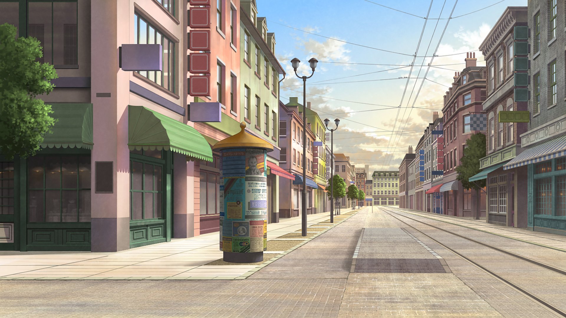 HD PC desktop wallpaper of a bright, detailed street scene from Spy x Family, featuring colorful buildings, tram tracks, and a clear sky.