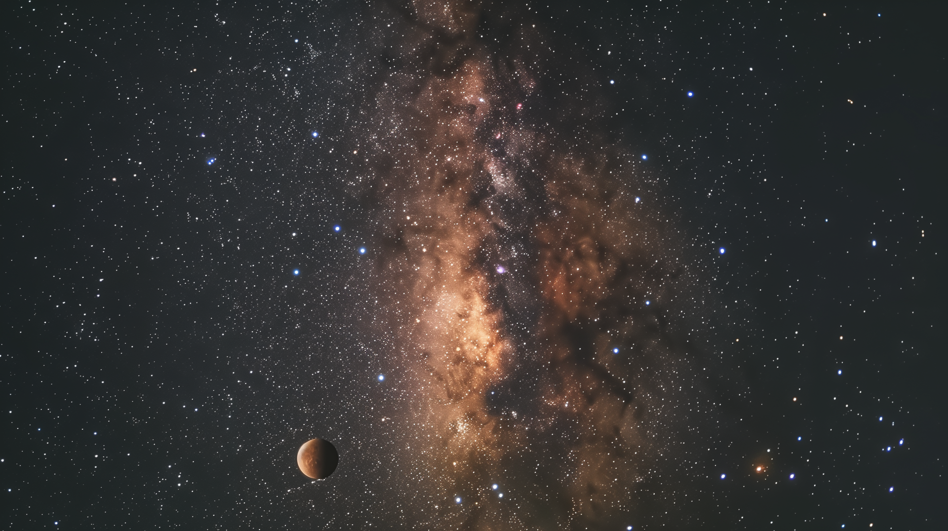 HD desktop wallpaper featuring a vibrant night sky with the Milky Way galaxy and a planet against a backdrop of countless stars.