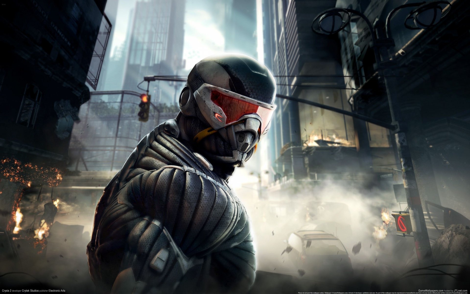 HD PC desktop wallpaper featuring a futuristic soldier from the video game Crysis 2 in a smoky, urban battlefield setting.