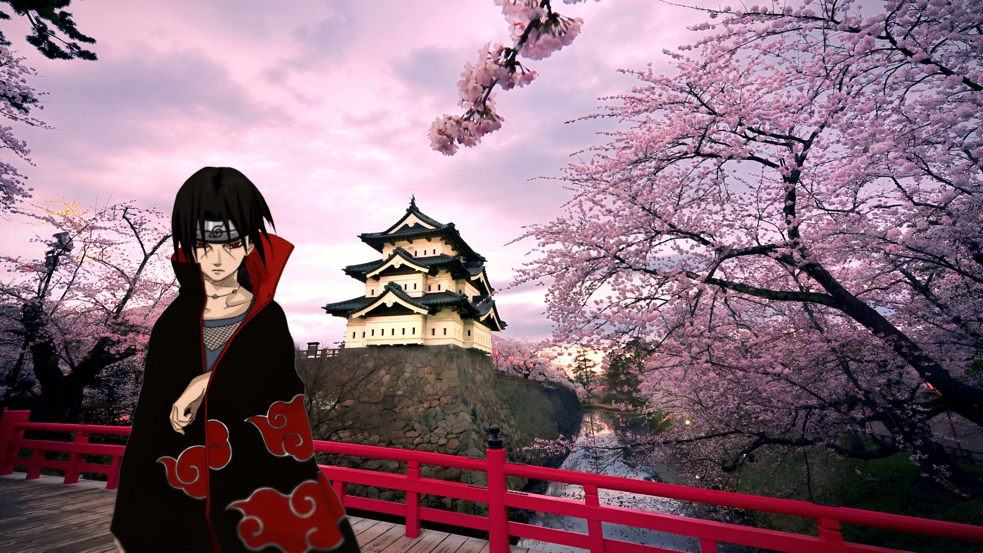Itachi Uchiha from Naruto stands by a red bridge with cherry blossoms and a traditional Japanese castle in the background, rendered in 4K Ultra HD PC wallpaper style.