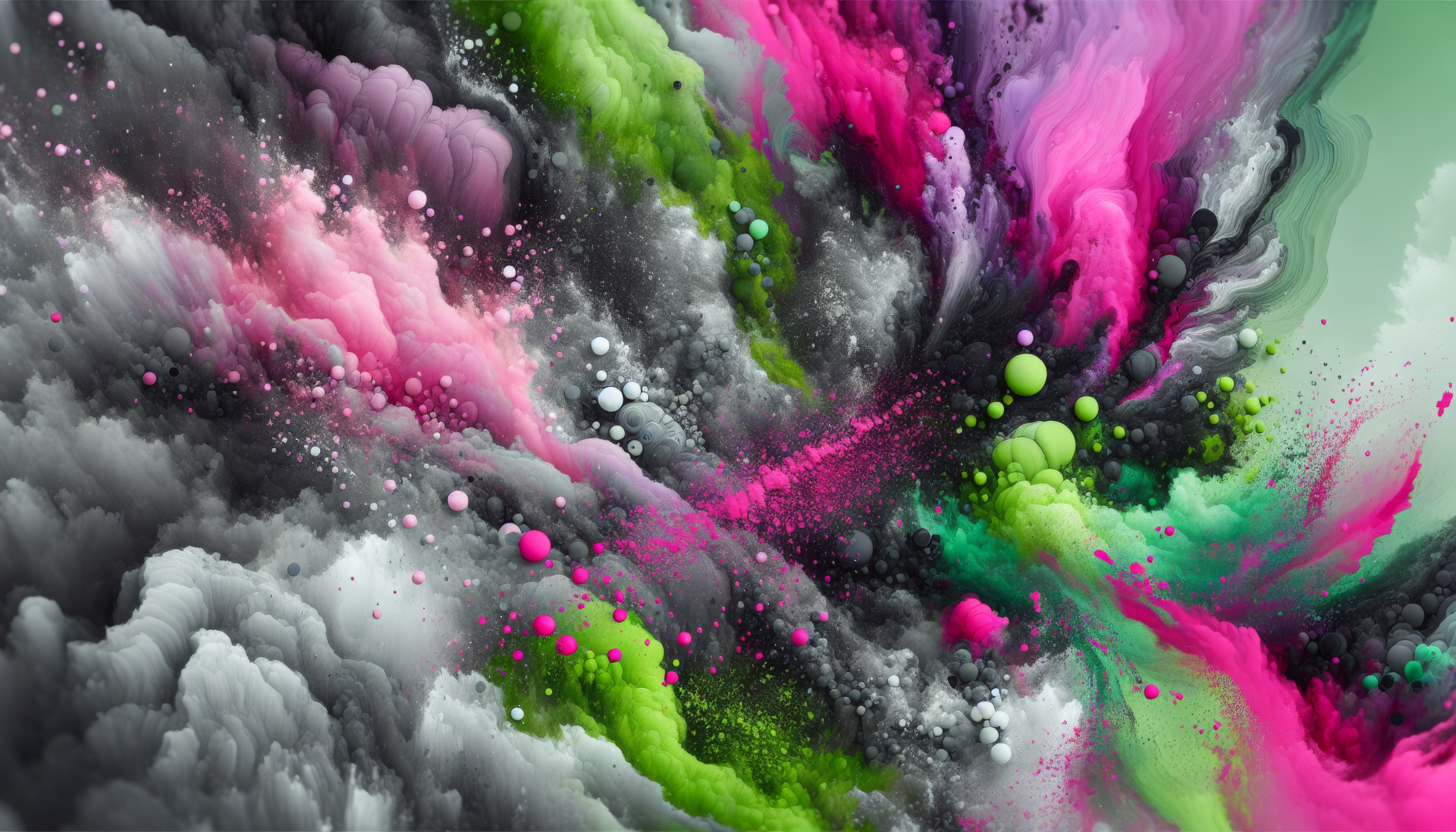 A vibrant HD desktop wallpaper featuring swirling clouds of pink, green, and black, creating a dynamic abstract composition with splashes of color and texture.