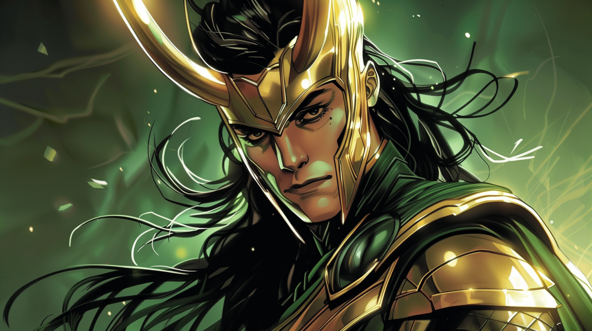 Loki from Marvel Comics gazes intensely, adorned in his iconic golden horns and armored attire, set against a striking green backdrop in this HD desktop wallpaper.