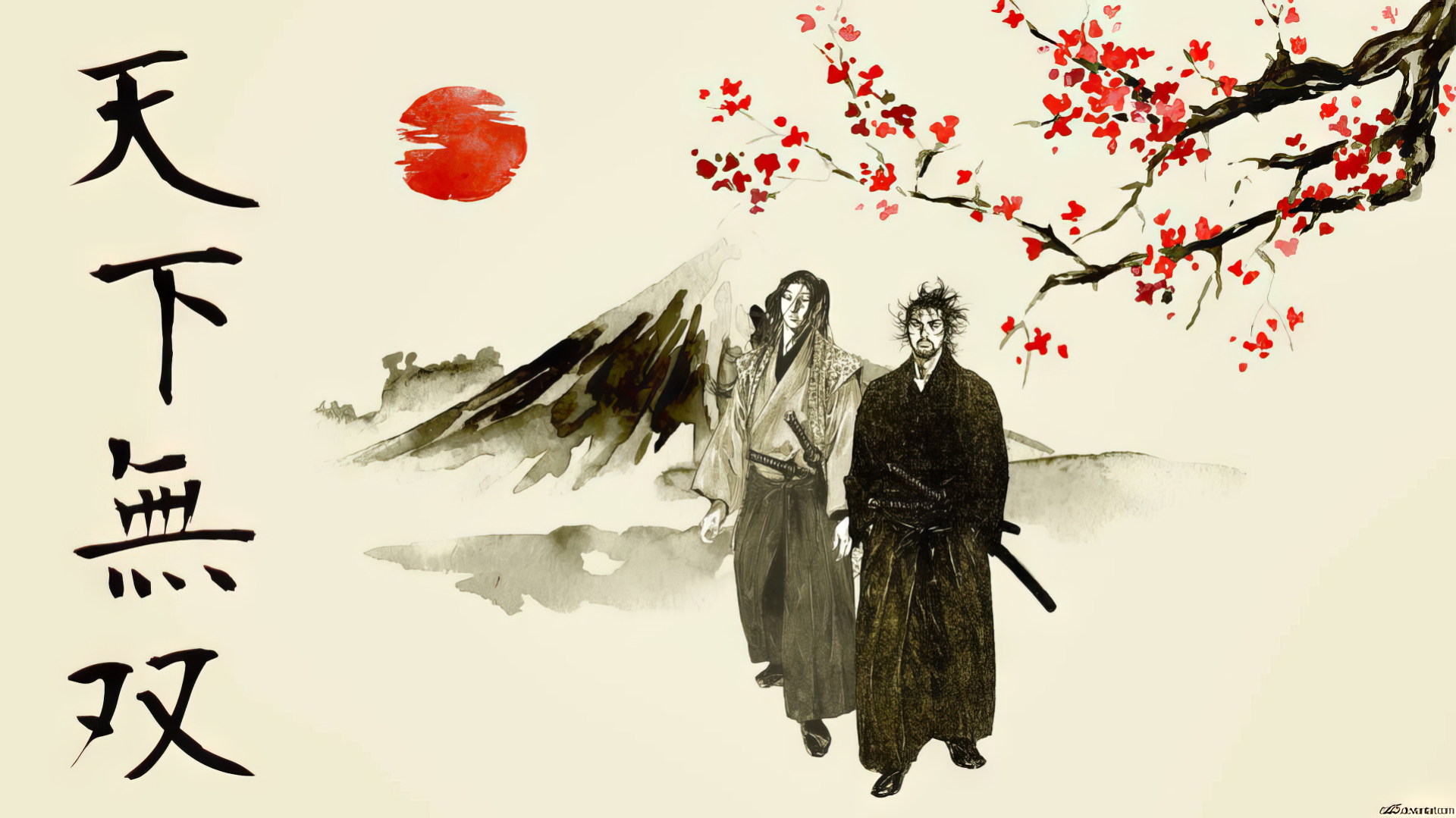 HD desktop wallpaper featuring Miyamoto Musashi from the anime and manga series Vagabond, showcasing a dynamic and artistic representation of the legendary swordsman.