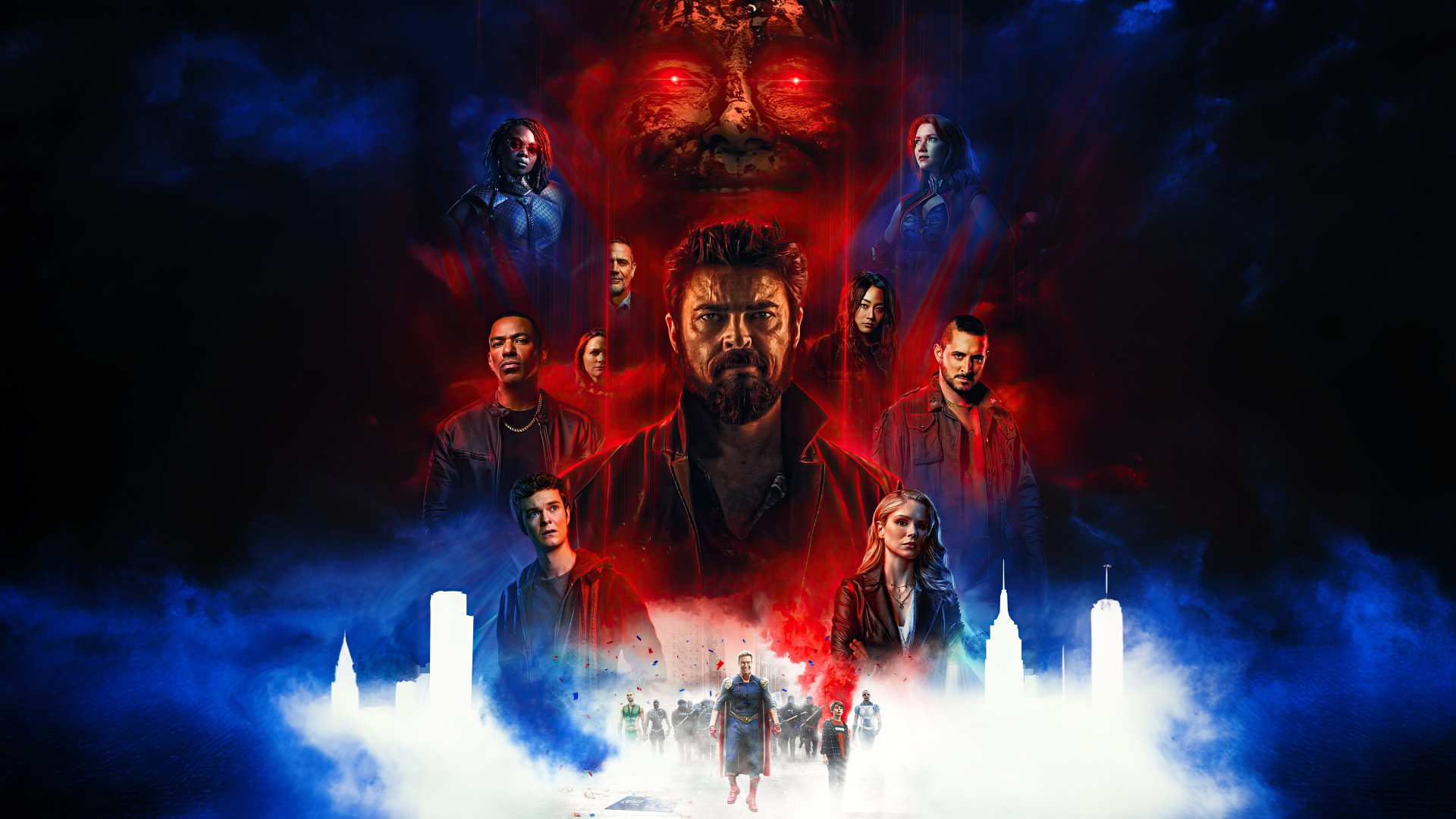 The Boys (2019) characters emerge from mist with red and blue hues in a dramatic 4K Ultra HD PC desktop wallpaper and background.