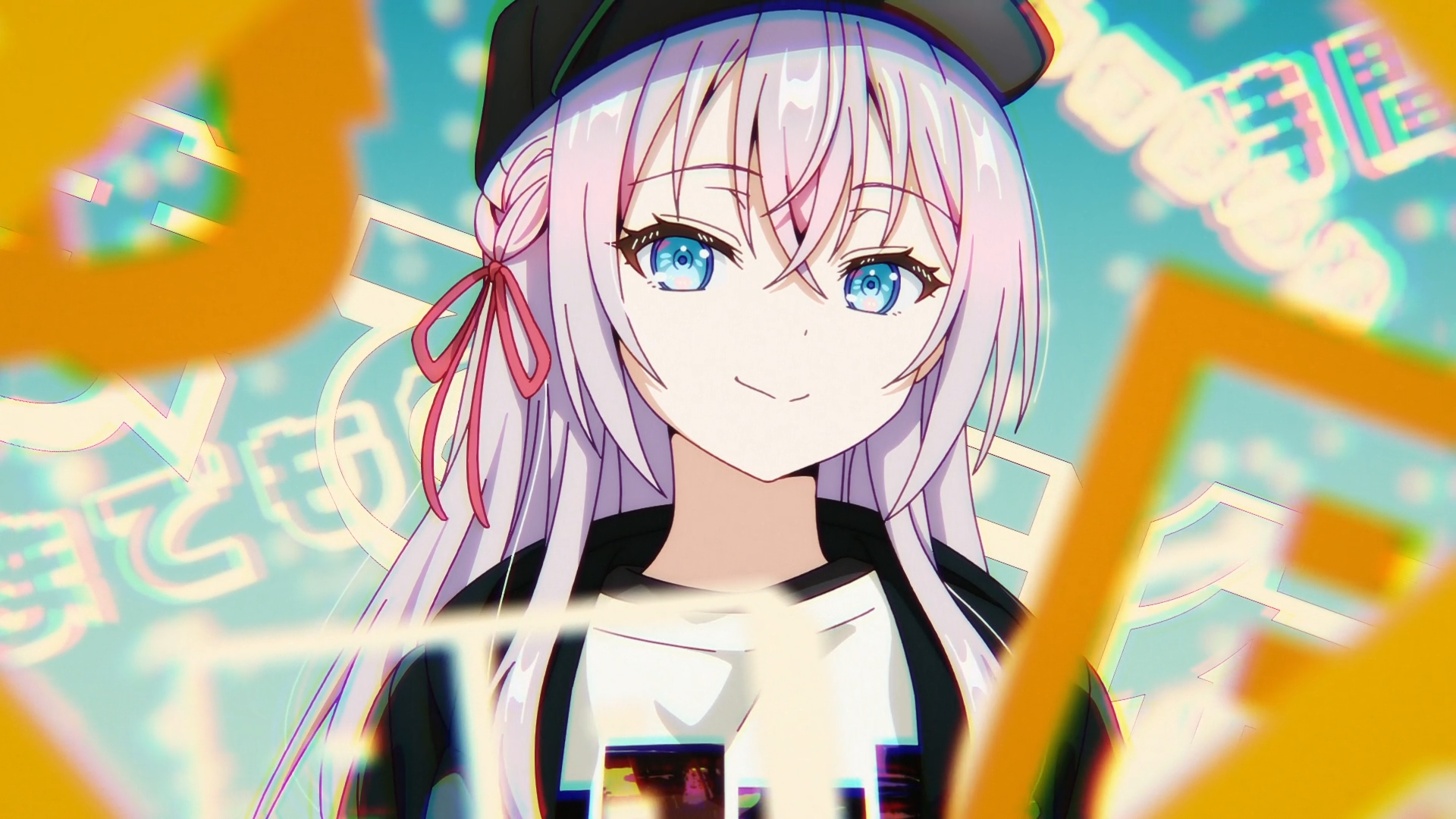 HD anime wallpaper of Alisa Mikhailovna Kujou from Alya Sometimes Hides Her Feelings, featuring her with light purple hair and blue eyes against a colorful, abstract background.