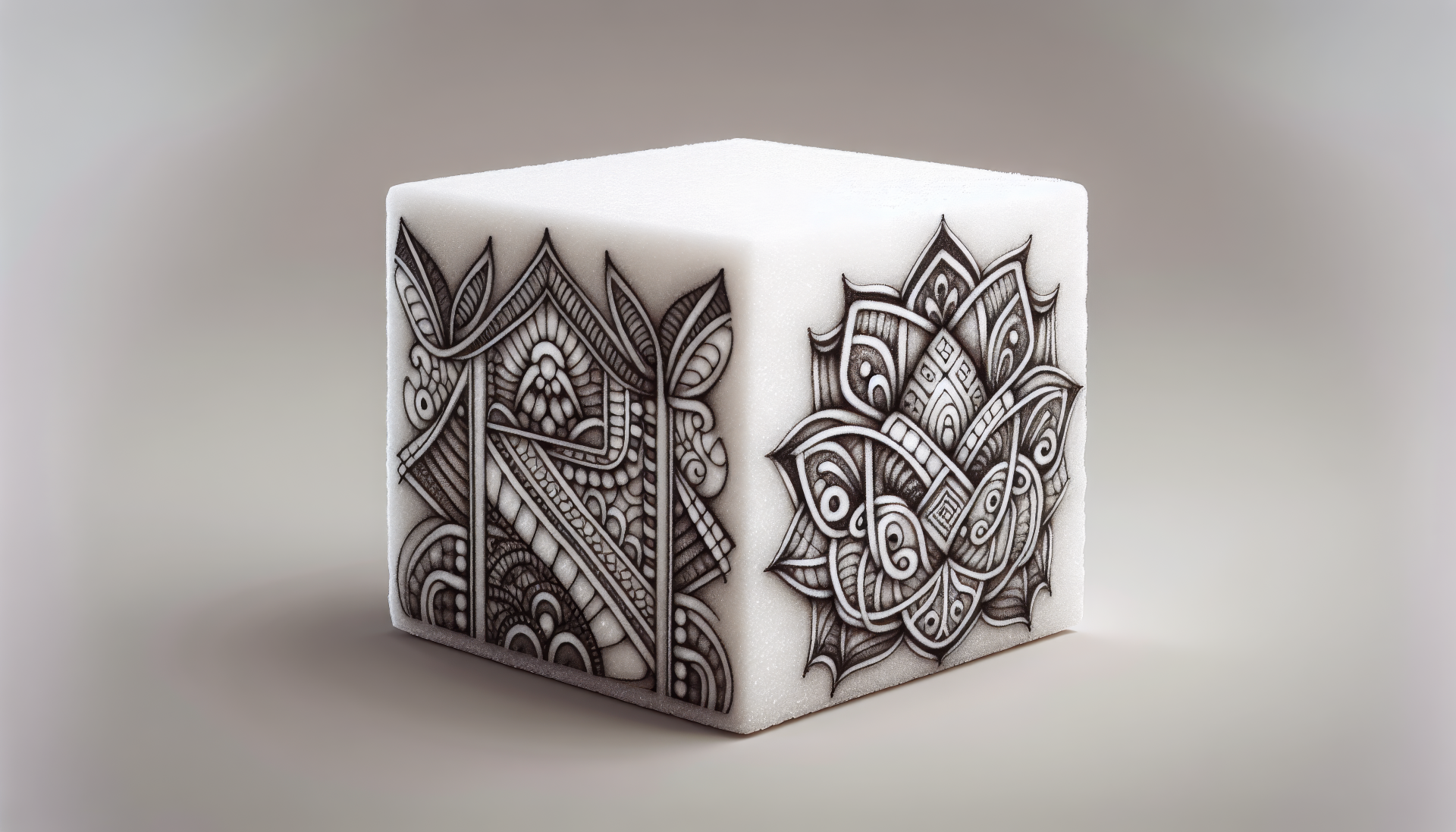 A beautifully designed sugar cube featuring intricate black patterns and floral motifs, set against a neutral background, makes for an eye-catching HD desktop wallpaper.