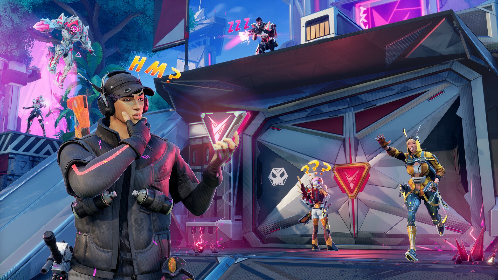 Vibrant HD desktop wallpaper from the video game Hawked, featuring a character contemplating while others engage in various actions against a colorful, dynamic background.