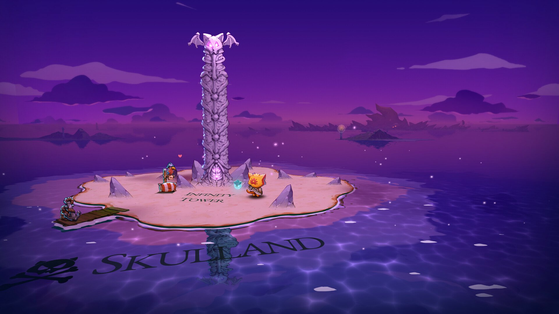 A vibrant HD wallpaper from Cat Quest III, featuring a mystical island called Skullland with a towering stone structure and colorful characters against a rich purple sky.