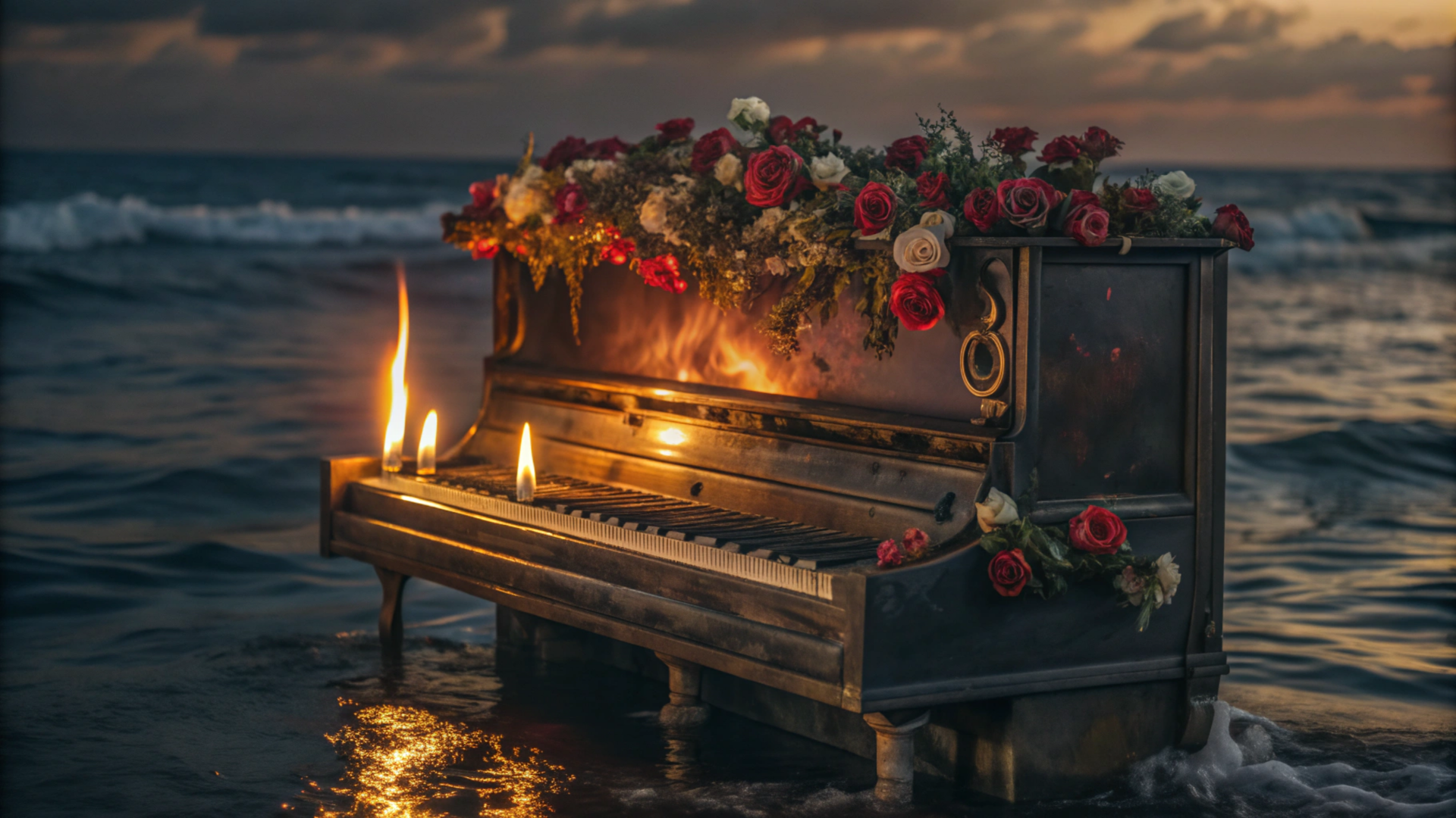 HD desktop wallpaper of a piano adorned with red and white roses, partially submerged in water at sunset, with lit candles adding a warm glow.