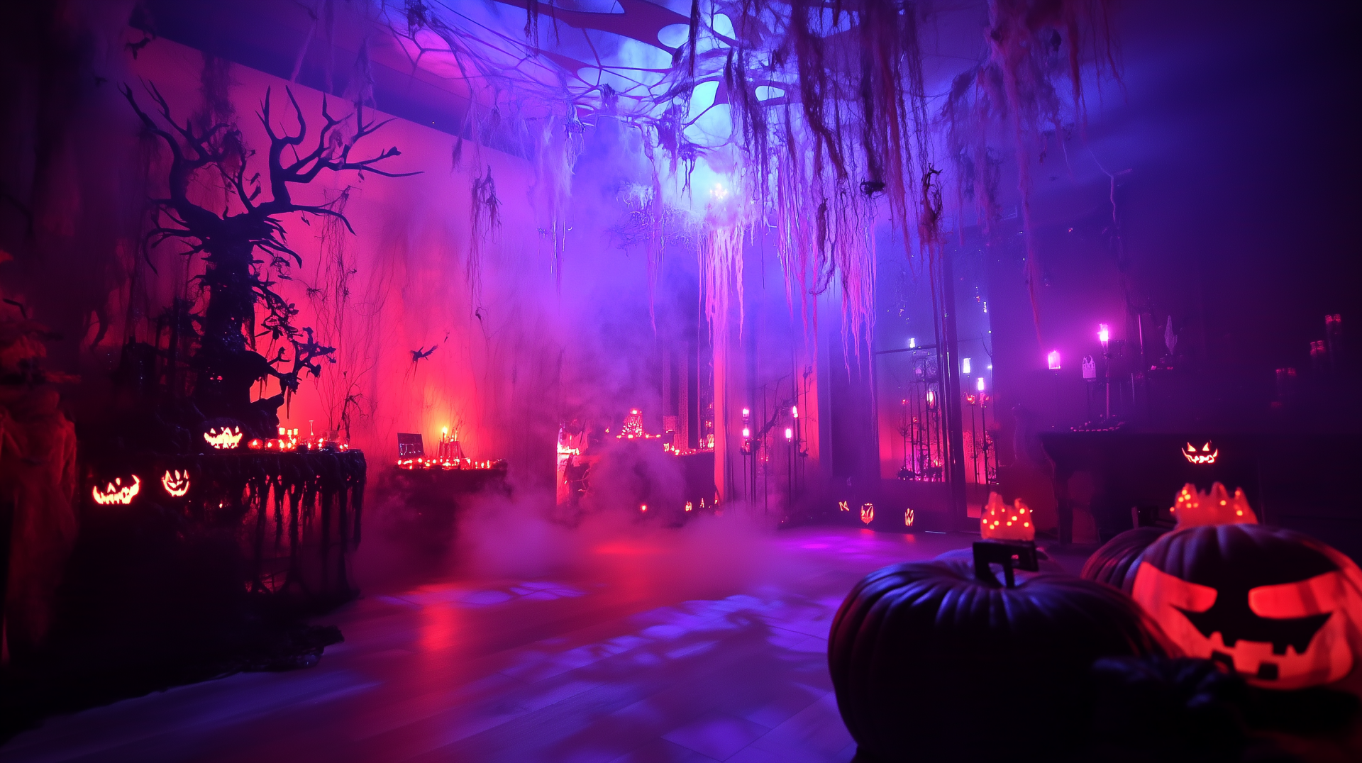 A vibrant and eerie Halloween party scene featuring glowing jack-o'-lanterns, fog, and multicolored lighting, creating a spooky atmosphere for festive celebrations.