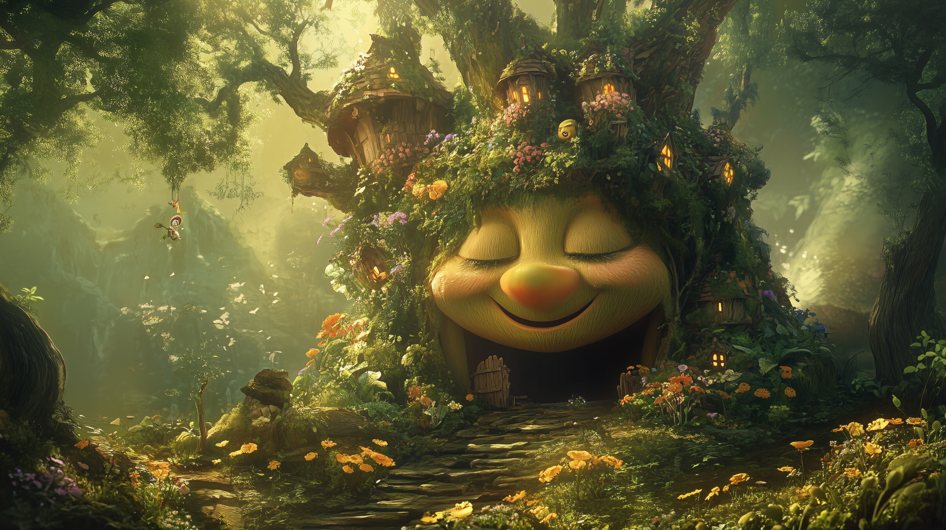 A whimsical, enchanted tree house smiles amidst a lush forest, adorned with vibrant flowers and glowing lights, creating a magical fairy tale atmosphere in HD detail.