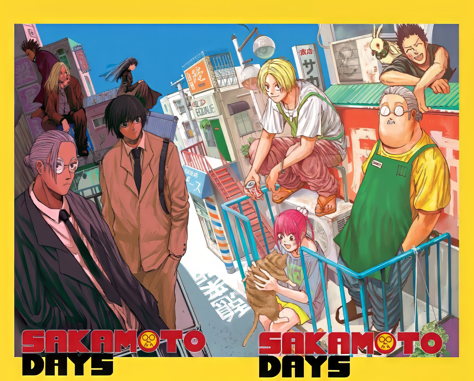 A vibrant HD wallpaper featuring characters from the anime and manga series Sakamoto Days, highlighting Shin Asakura and Taro Sakamoto in a dynamic scene.