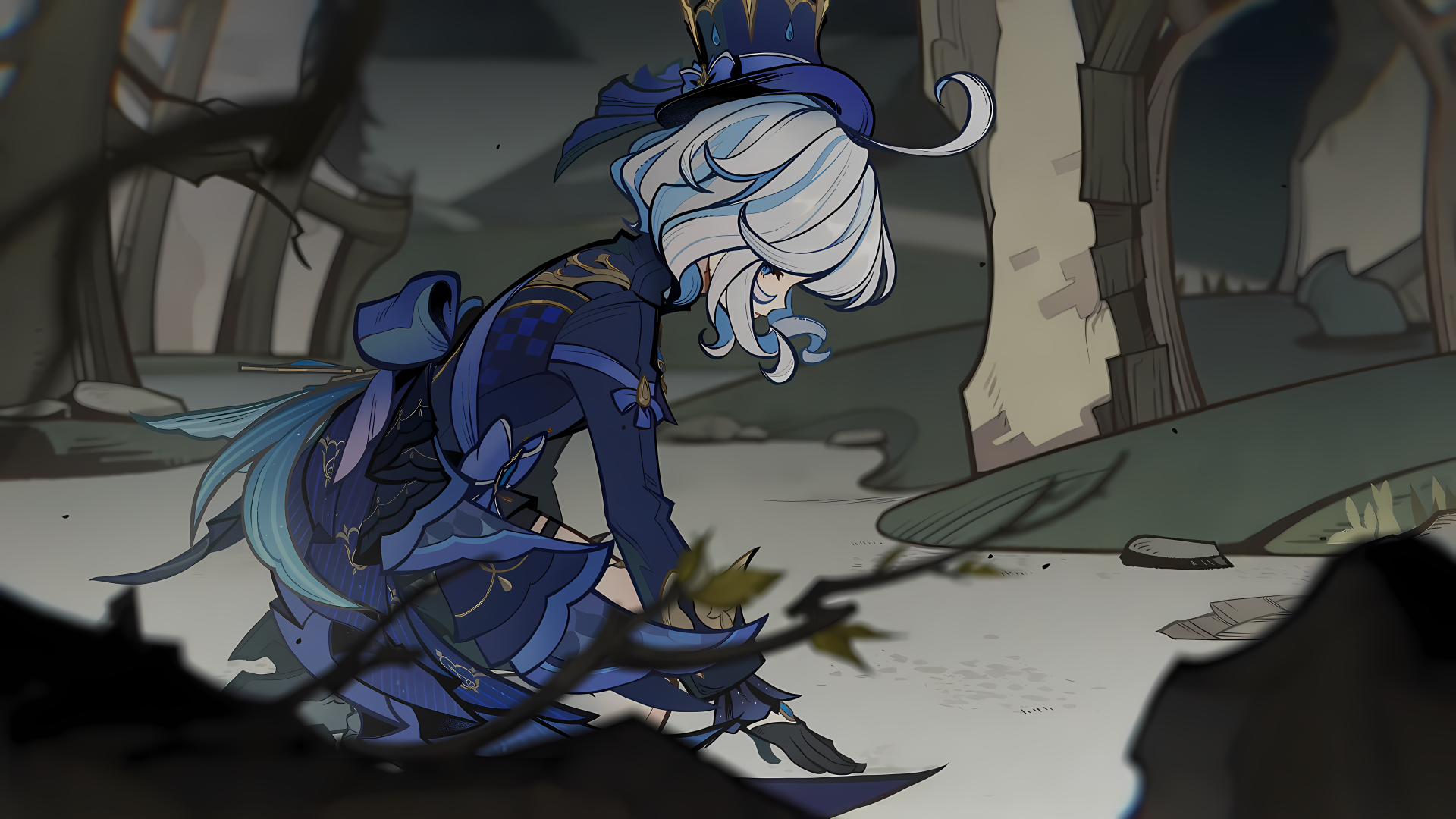 A stunning HD desktop wallpaper featuring Furina from Genshin Impact, depicted in a serene, reflective moment amidst a softly-lit, mystical landscape.