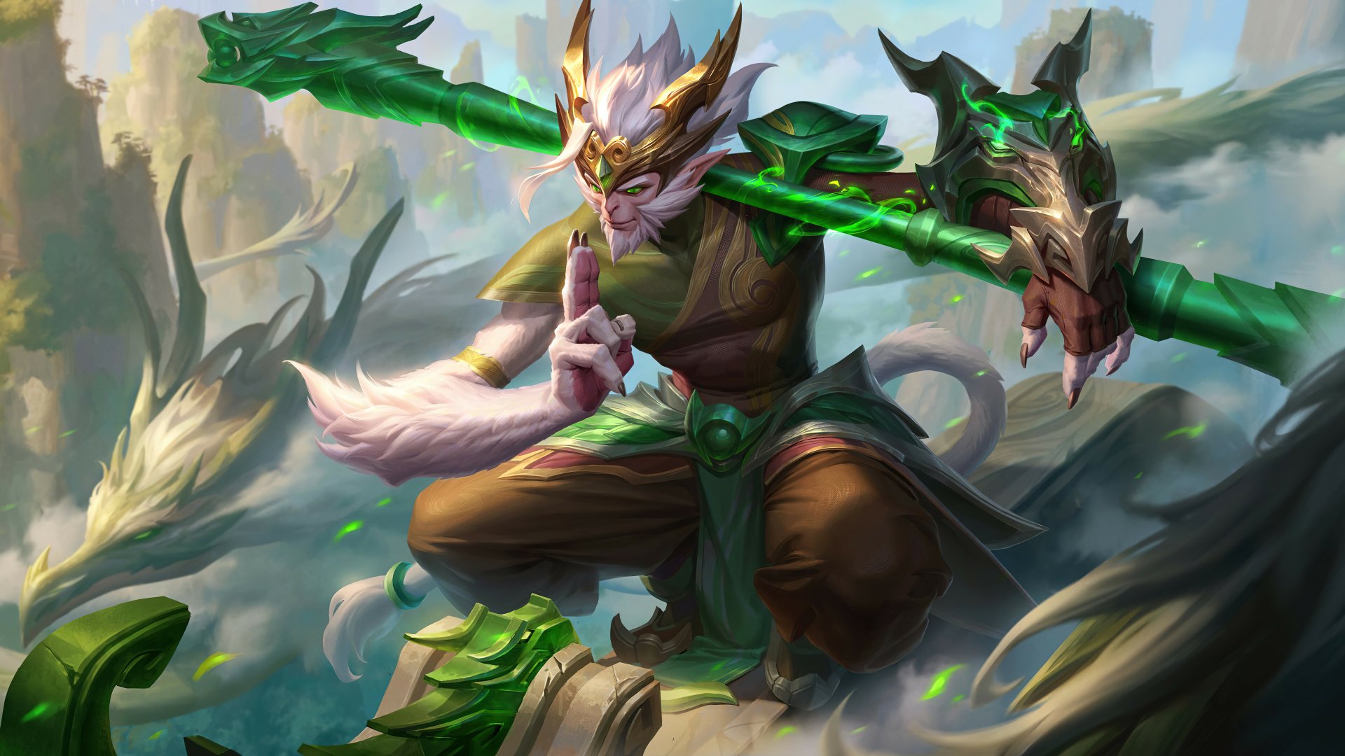An HD wallpaper featuring Wukong from League of Legends, showcasing the character in an action pose with a dynamic background of lush landscapes.