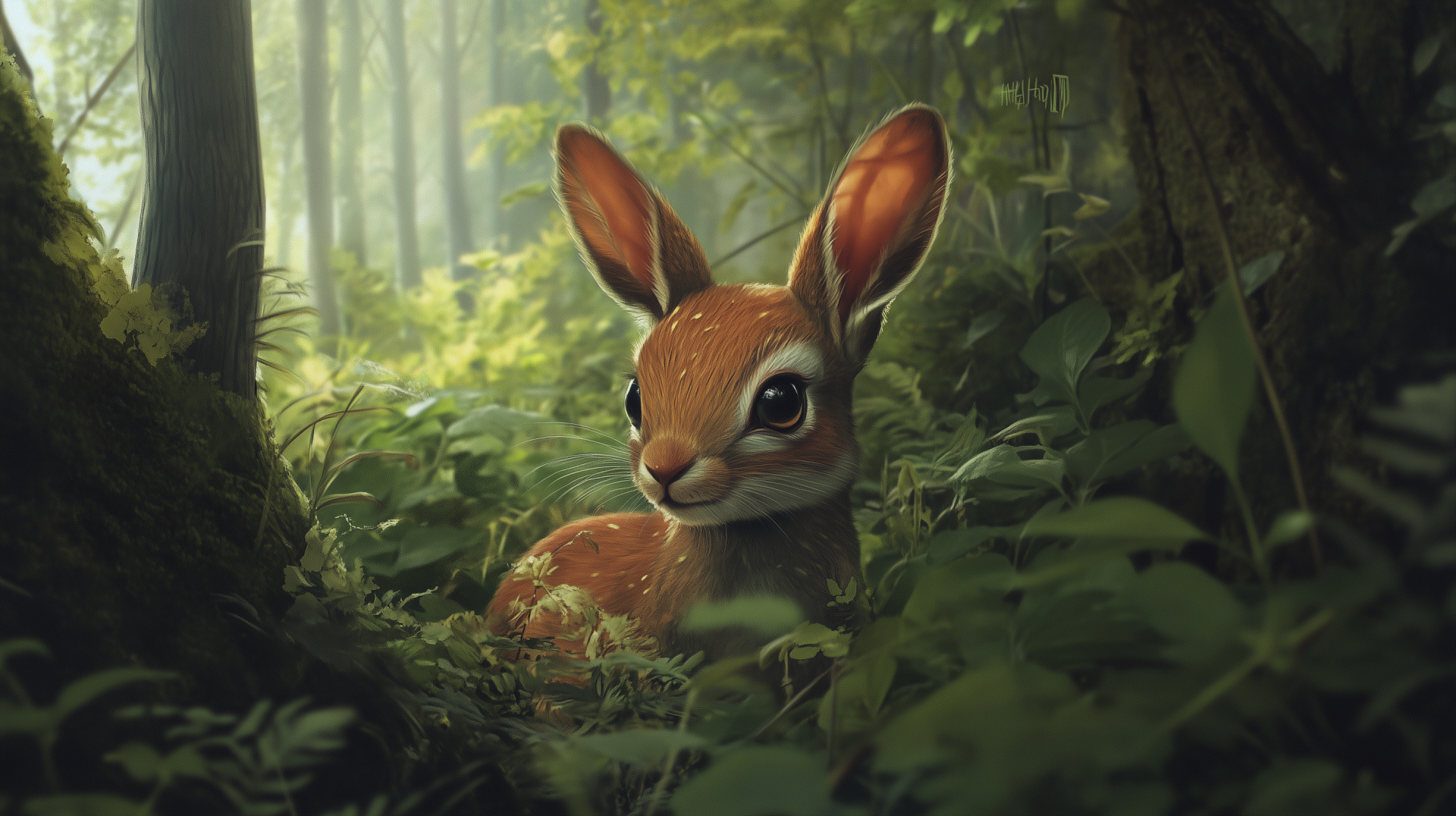 A cute woodland creature, this HD desktop wallpaper features a charming fawn nestled among lush greenery, capturing the serene beauty of nature.