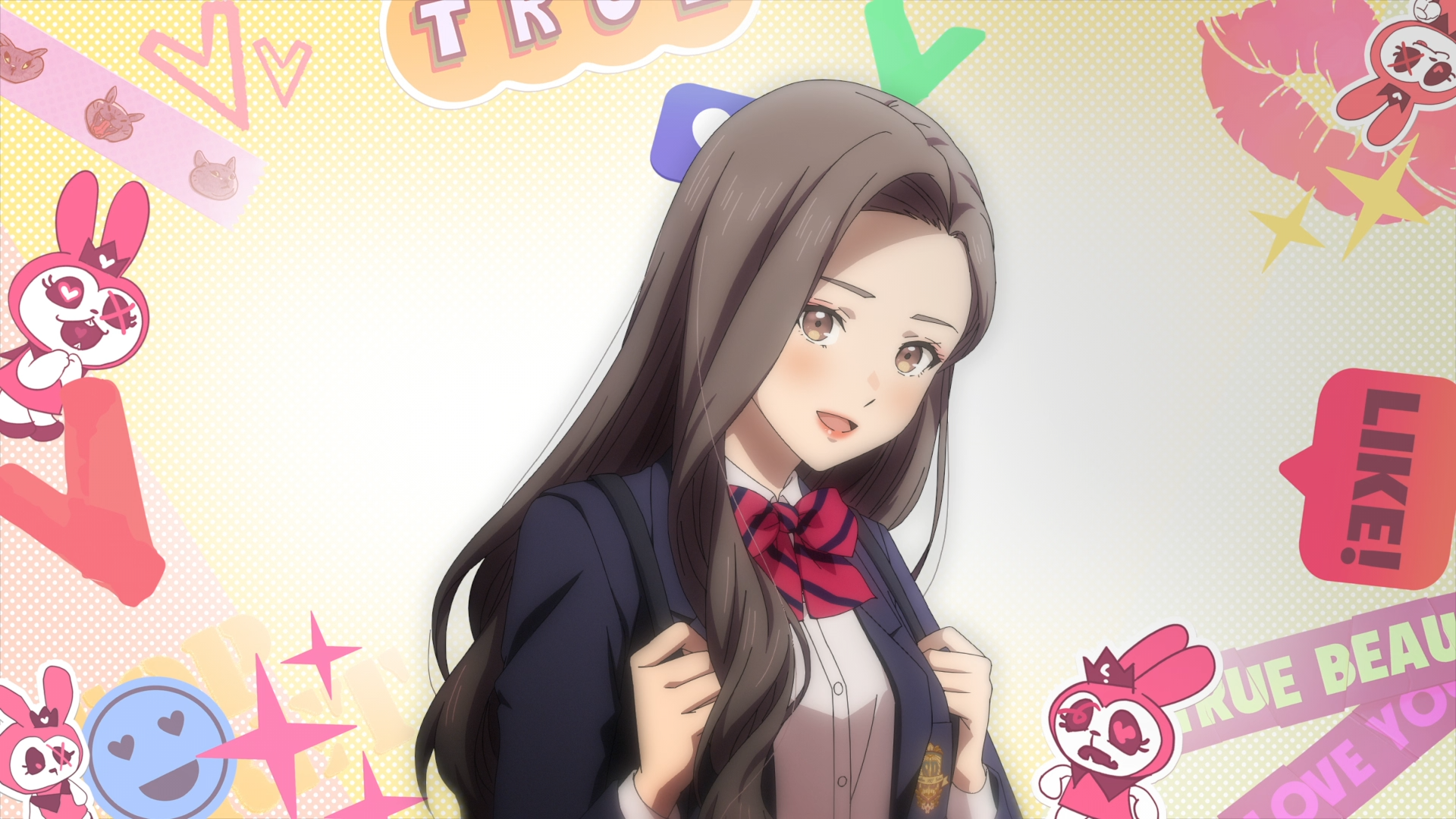 Anime-style HD PC desktop wallpaper featuring Jugyeong Lim from True Beauty, surrounded by colorful, playful graphic elements and light pastel backgrounds.