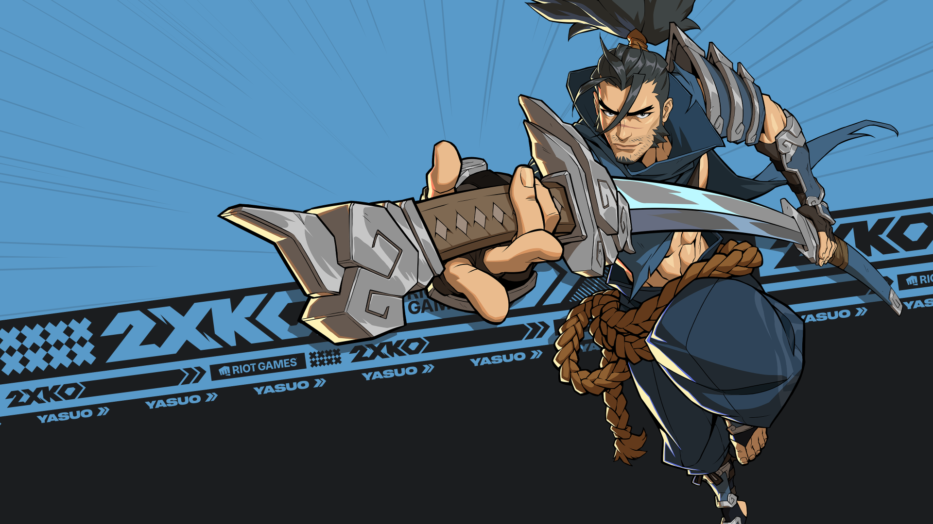HD wallpaper featuring Yasuo from League of Legends, showcasing dynamic action with his sword, complemented by the 2XKO branding in an energetic background.