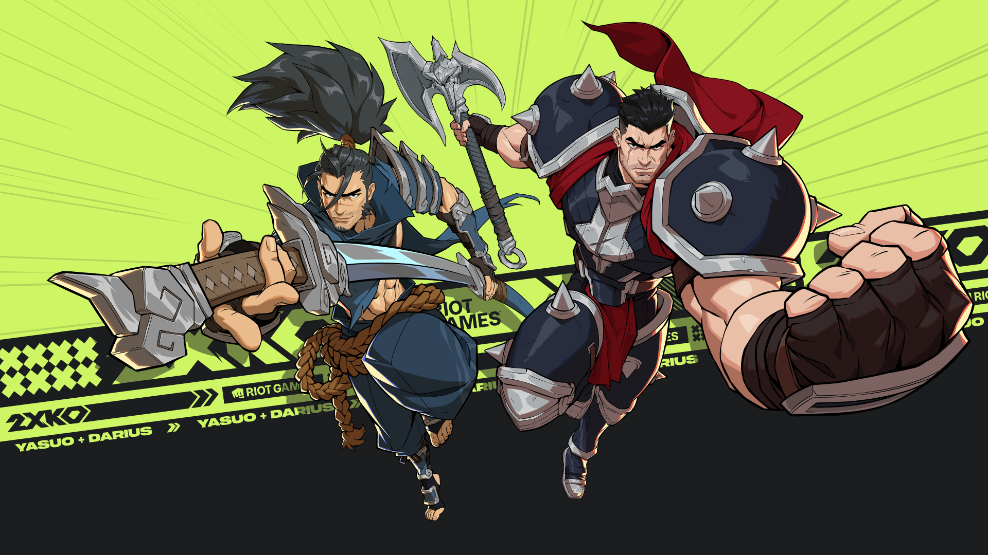 HD desktop wallpaper featuring Yasuo and Darius from League of Legends, showcasing dynamic action from the game 2XKO. A vibrant and engaging background for gaming enthusiasts.