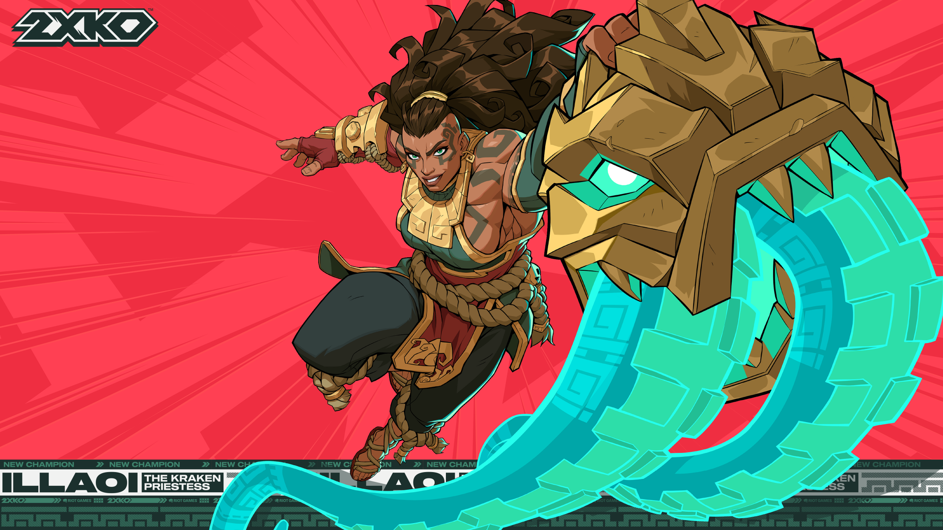 An HD desktop wallpaper featuring Illaoi from League of Legends, showcasing her dynamic pose with a glowing tentacle and a stylized background in vibrant red.