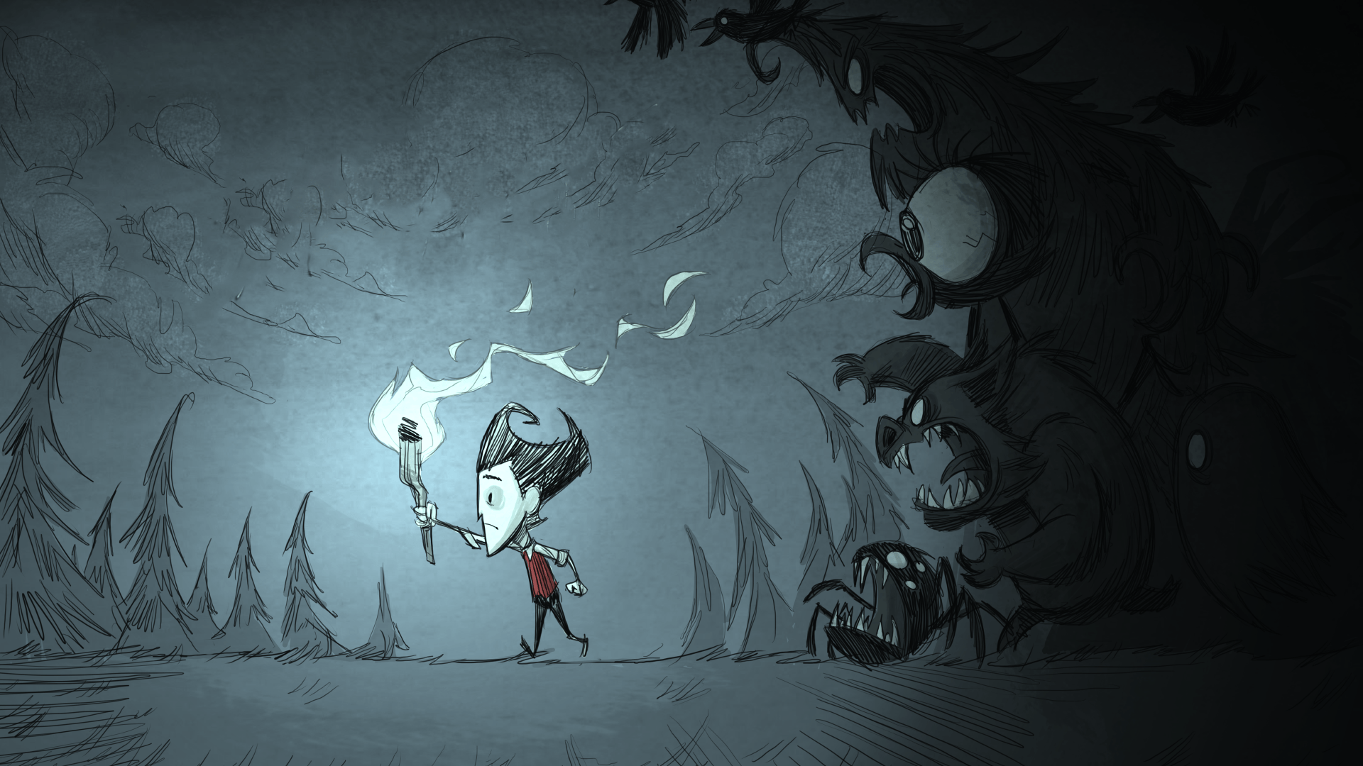 A character from the video game Don't Starve walks cautiously with a torch, surrounded by looming dark creatures in this HD desktop wallpaper. Atmospheric and dramatic.