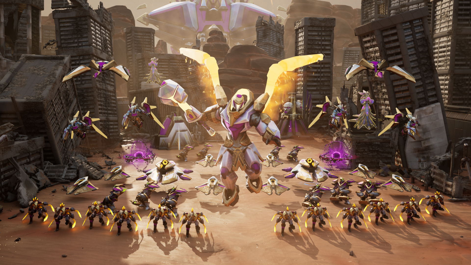 A striking HD desktop wallpaper from the video game Stormgate, featuring a dynamic scene with a powerful character surrounded by robotic allies and a dramatic landscape.