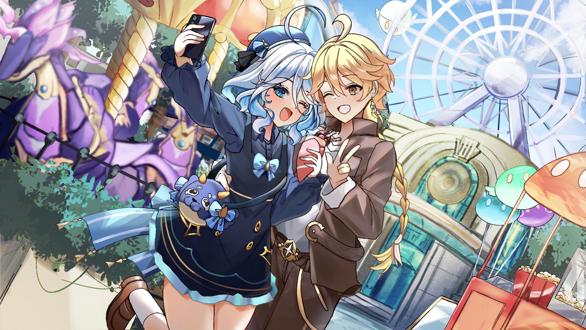 HD PC desktop wallpaper featuring Furina and Aether from Genshin Impact posing happily in a vibrant amusement park setting.