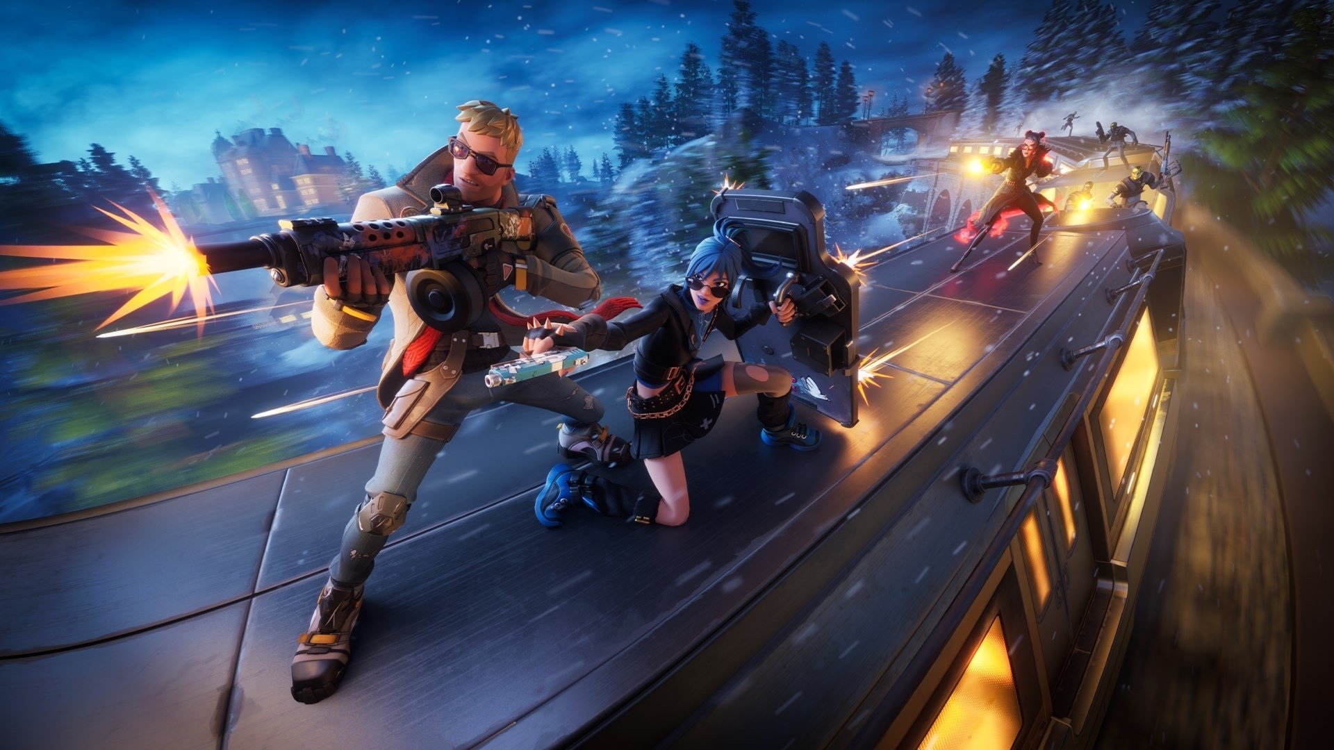 Fortnite HD PC desktop wallpaper featuring intense action with characters battling on top of a moving train against a dynamic, scenic background.