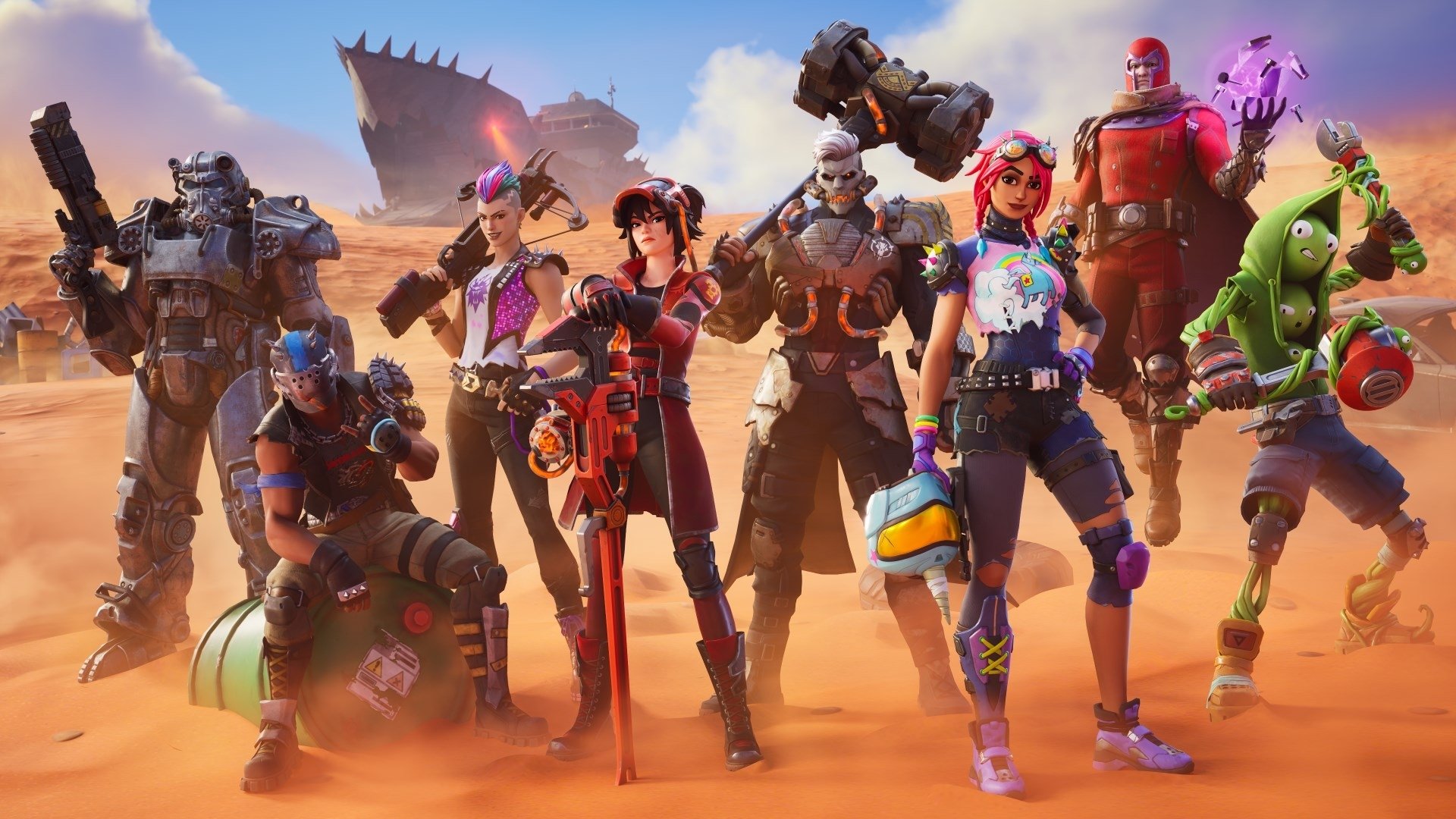 HD PC desktop wallpaper featuring a dynamic group of Fortnite characters standing confidently in a desert-like environment with a cloudy sky backdrop.