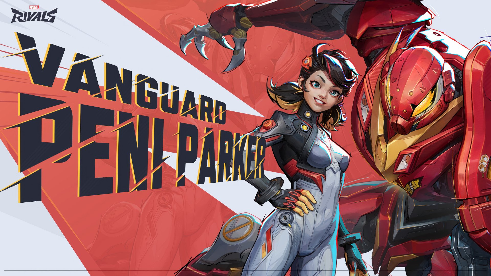 A 4K Ultra HD PC desktop wallpaper featuring Marvel Rivals characters Vanguard and Peni Parker in dynamic poses with bold typography.