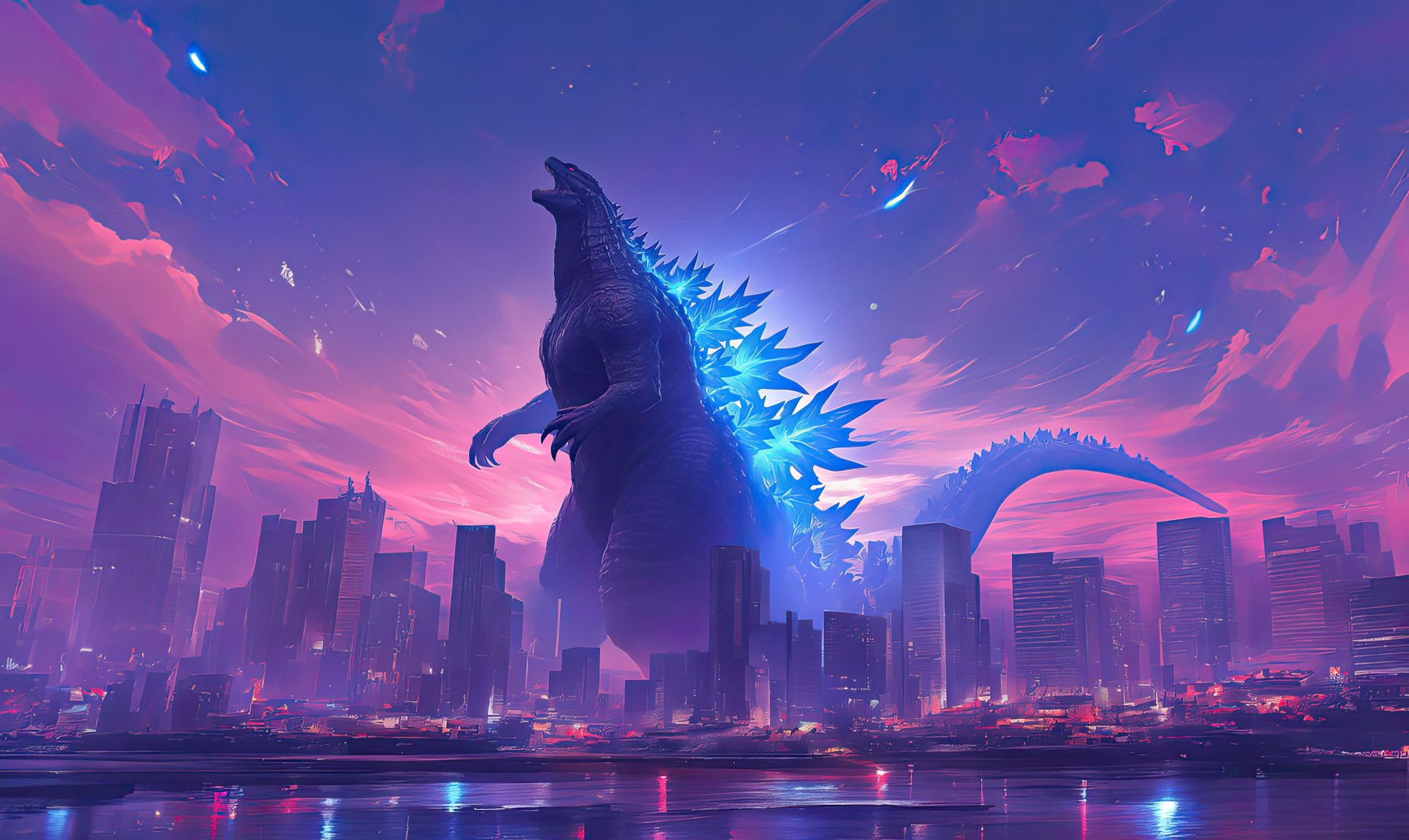 4K Ultra HD PC desktop wallpaper featuring Godzilla towering over a futuristic cityscape at dusk with vibrant neon lights and a dramatic sky.