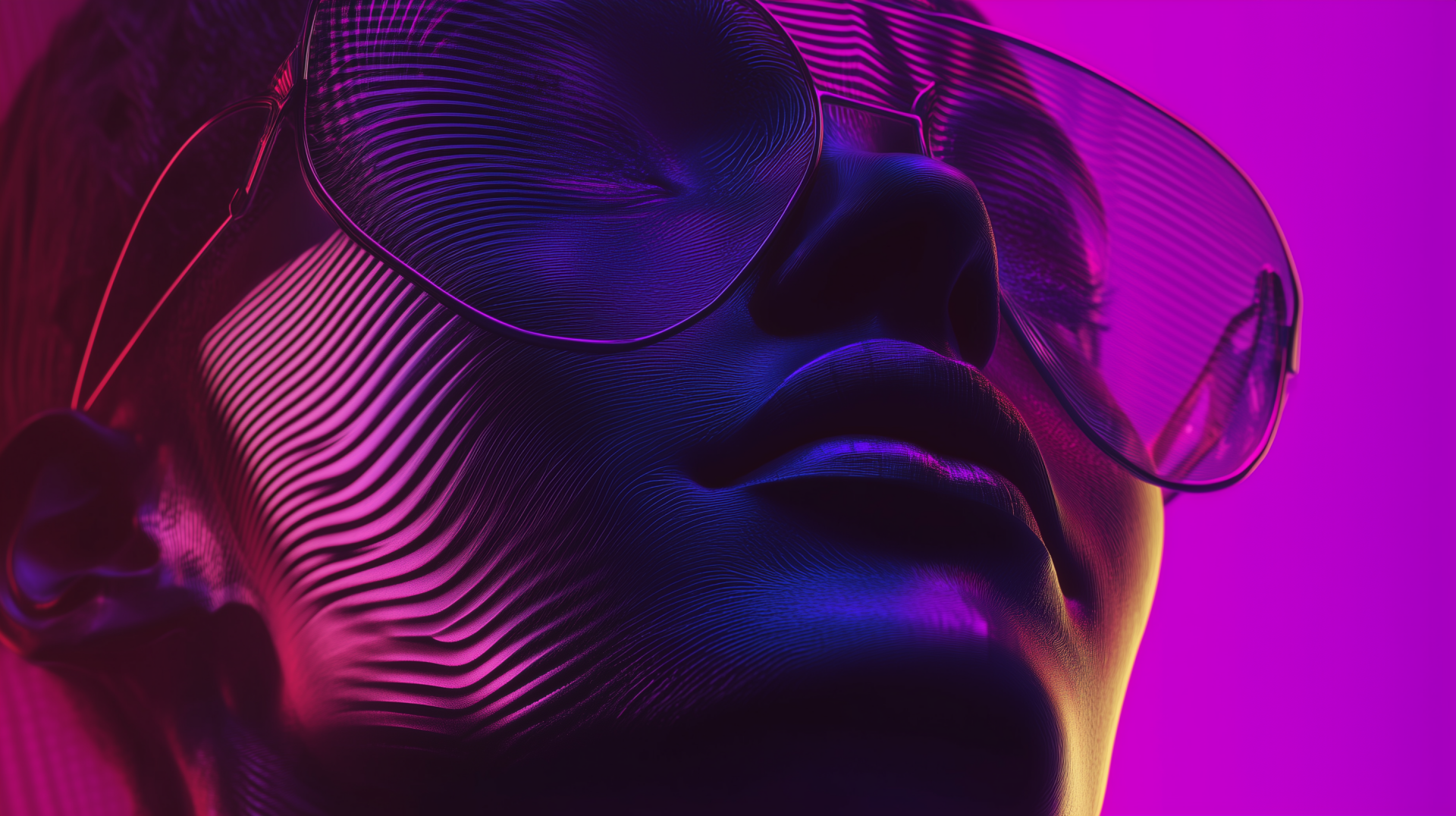 A vibrant HD desktop wallpaper featuring an abstract figure with sunglasses, illuminated in bold acidwave and vaporwave colors, creating a striking visual experience.