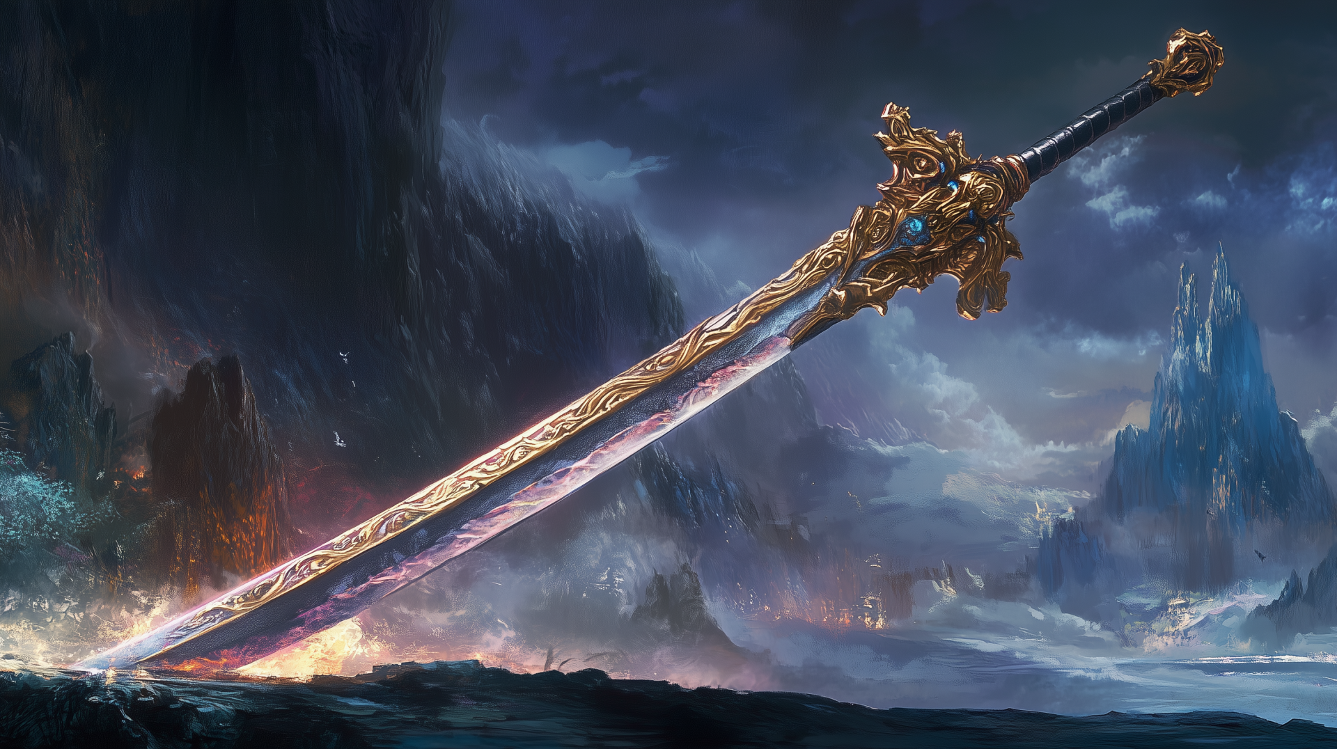 A legendary sword rests majestically among misty mountains, its ornate golden hilt and shimmering blade evoking a sense of fantasy. This stunning HD wallpaper enriches any background.