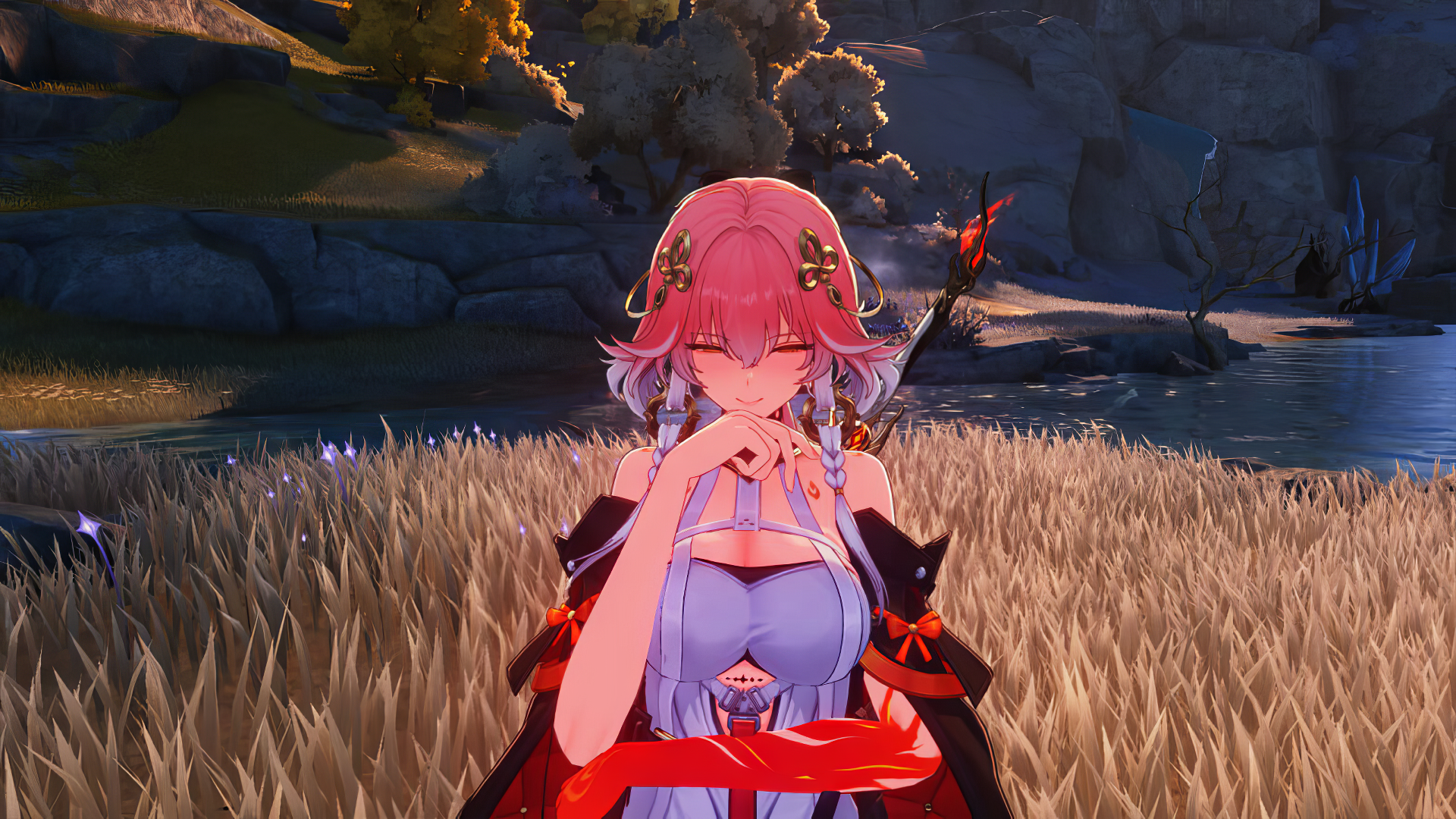 HD desktop wallpaper featuring Changli from the video game Wuthering Waves, set in a serene landscape with soft lighting and vibrant colors.