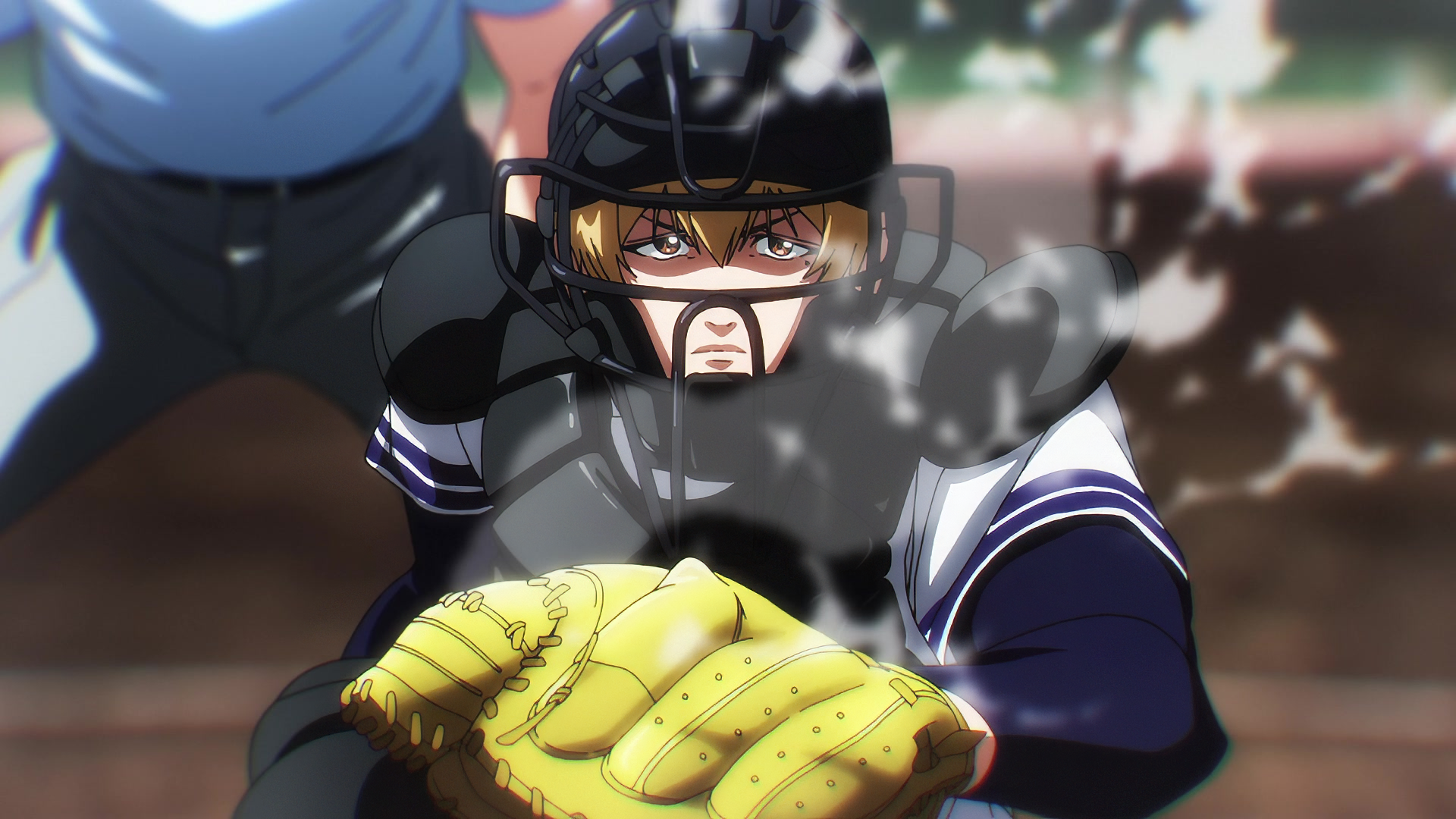 Anime-inspired HD wallpaper showcasing Kei Kaname catching a baseball, wearing a helmet and mask. The dynamic action captures the intensity of the Oblivion Battery theme.