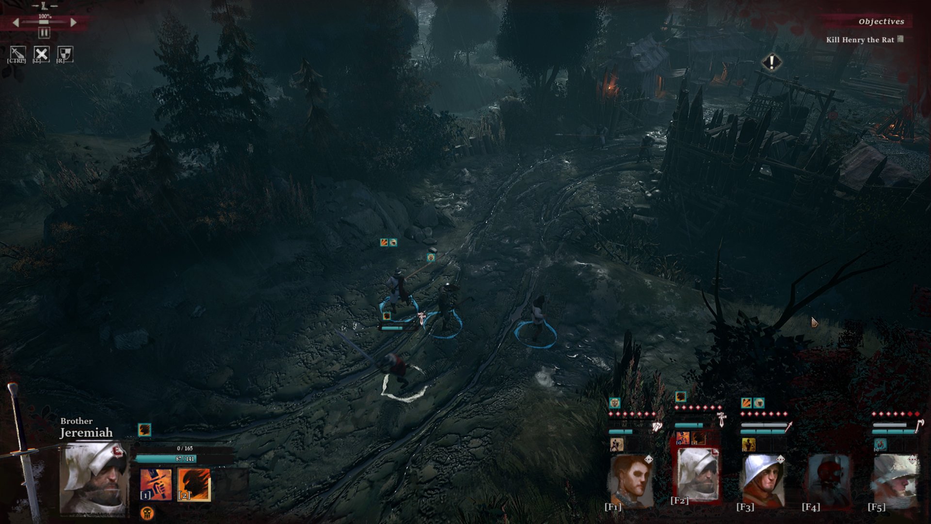 A dark, atmospheric HD desktop wallpaper from the video game Band of Crusaders, showcasing a group of characters navigating a mysterious, forested landscape.
