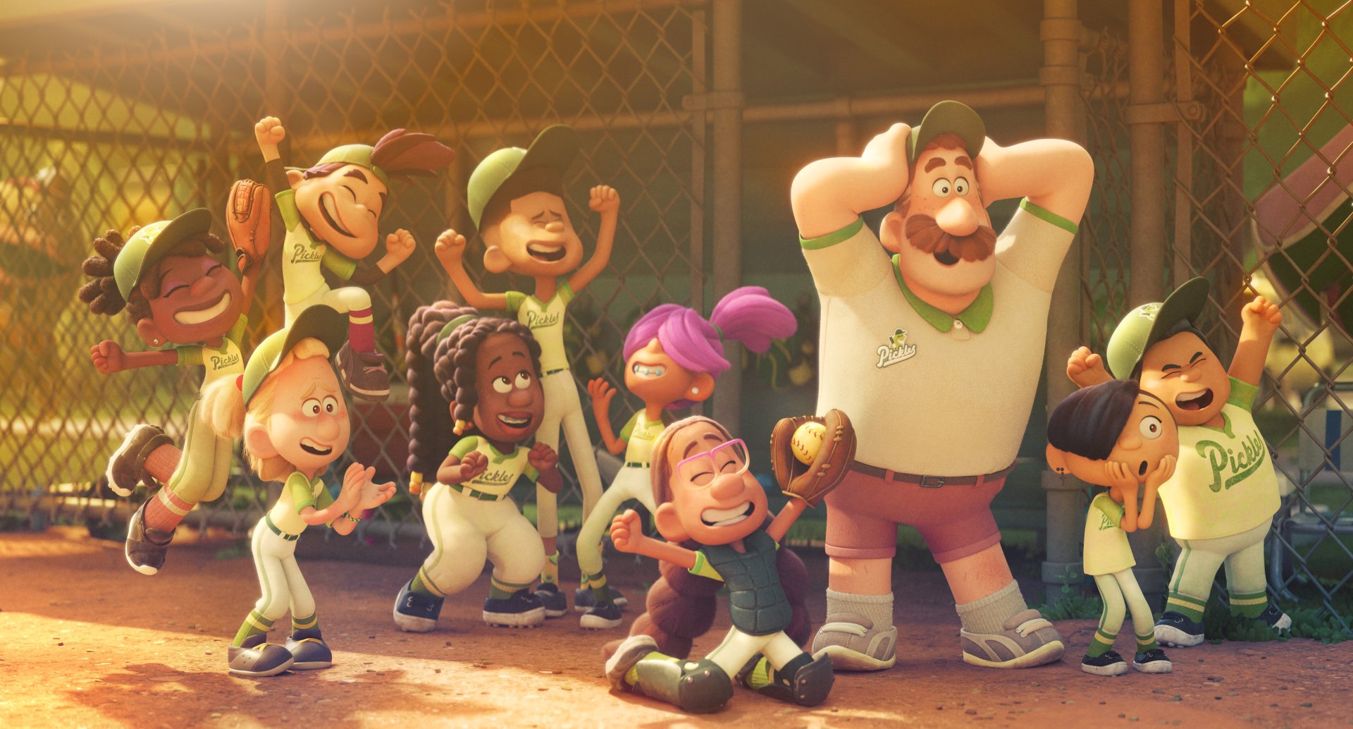 A vibrant HD wallpaper featuring characters from Pixar's Win or Lose, showcasing an animated team celebrating joyfully on a baseball field, radiating excitement and camaraderie.