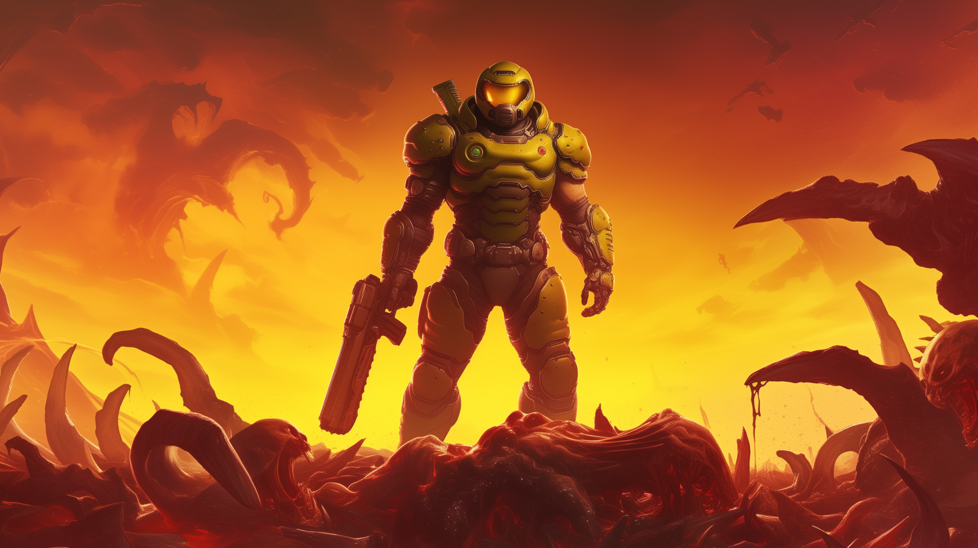 An HD desktop wallpaper featuring imagery from the video game DOOM Eternal, showcasing its intense atmosphere and action-packed design elements.