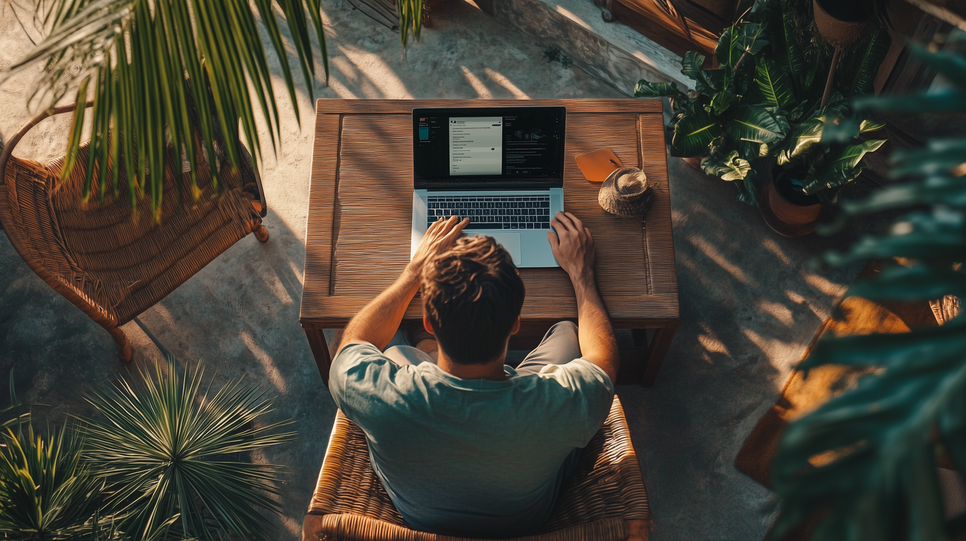 A digital nomad programmer works on a laptop at a wooden table surrounded by lush plants, capturing a serene and focused workspace in a tropical setting.