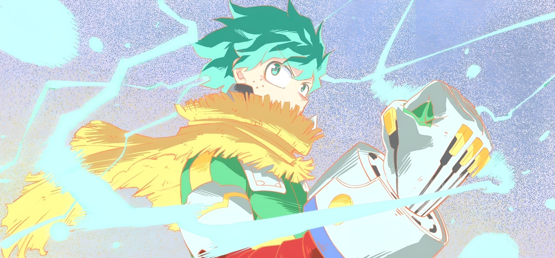 HD anime desktop wallpaper featuring Izuku Midoriya from My Hero Academia in a dynamic pose with electric effects.