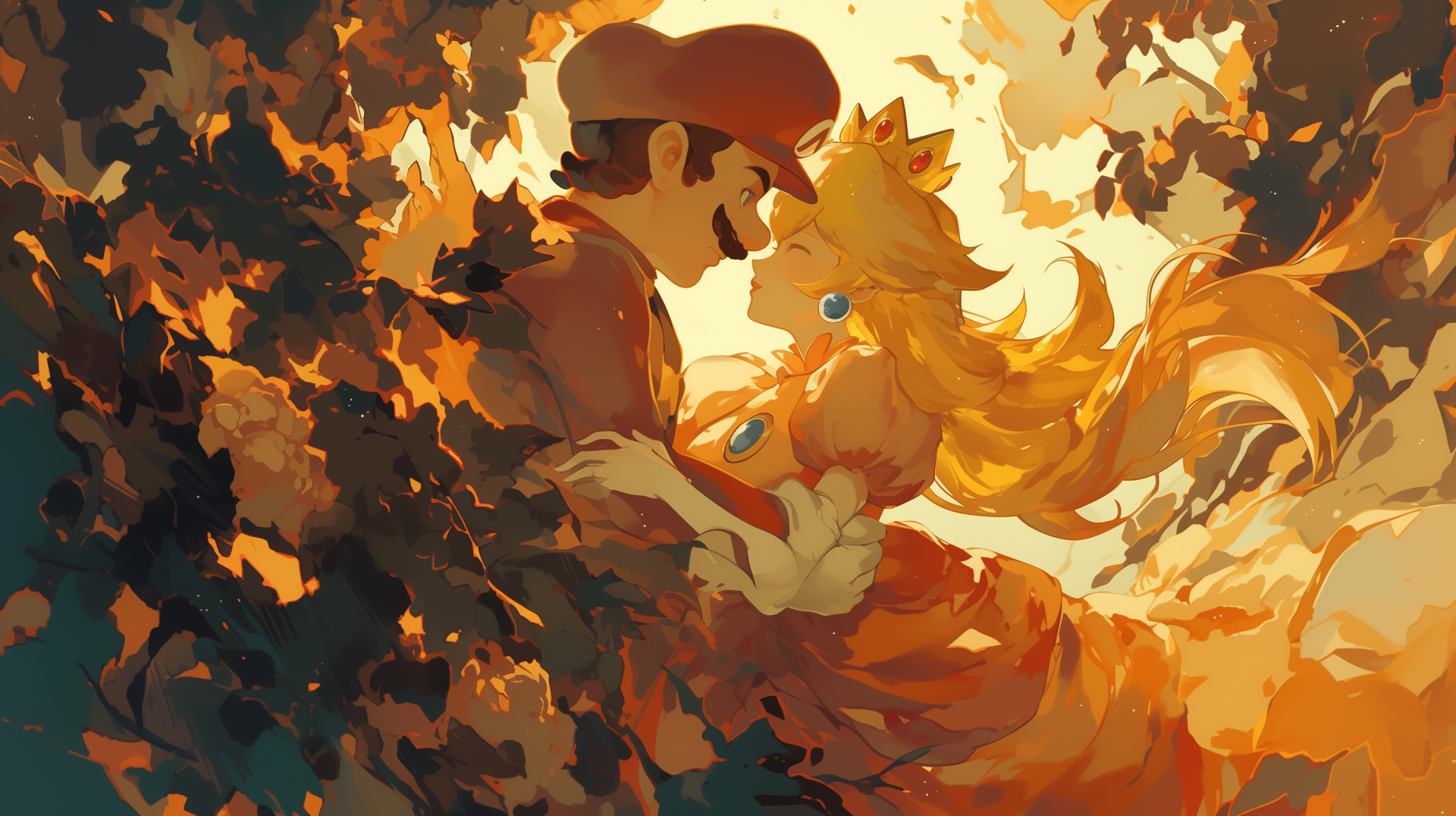A vibrant HD wallpaper featuring Mario and Princess Peach sharing a tender moment amidst a backdrop of autumn leaves and warm colors.