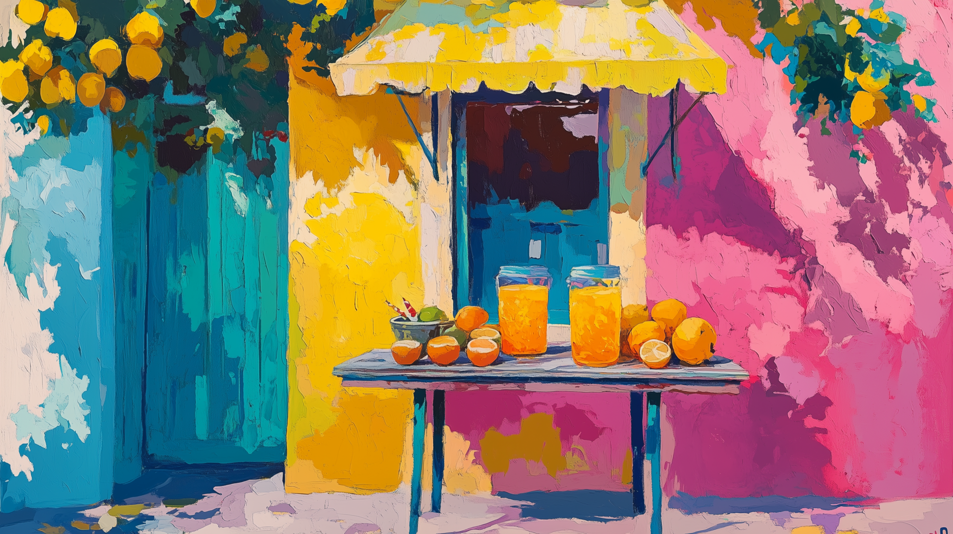 A vibrant lemonade stand sits in front of a colorful, painted wall, adorned with lemons, offering a cheerful and refreshing atmosphere in this HD desktop wallpaper.