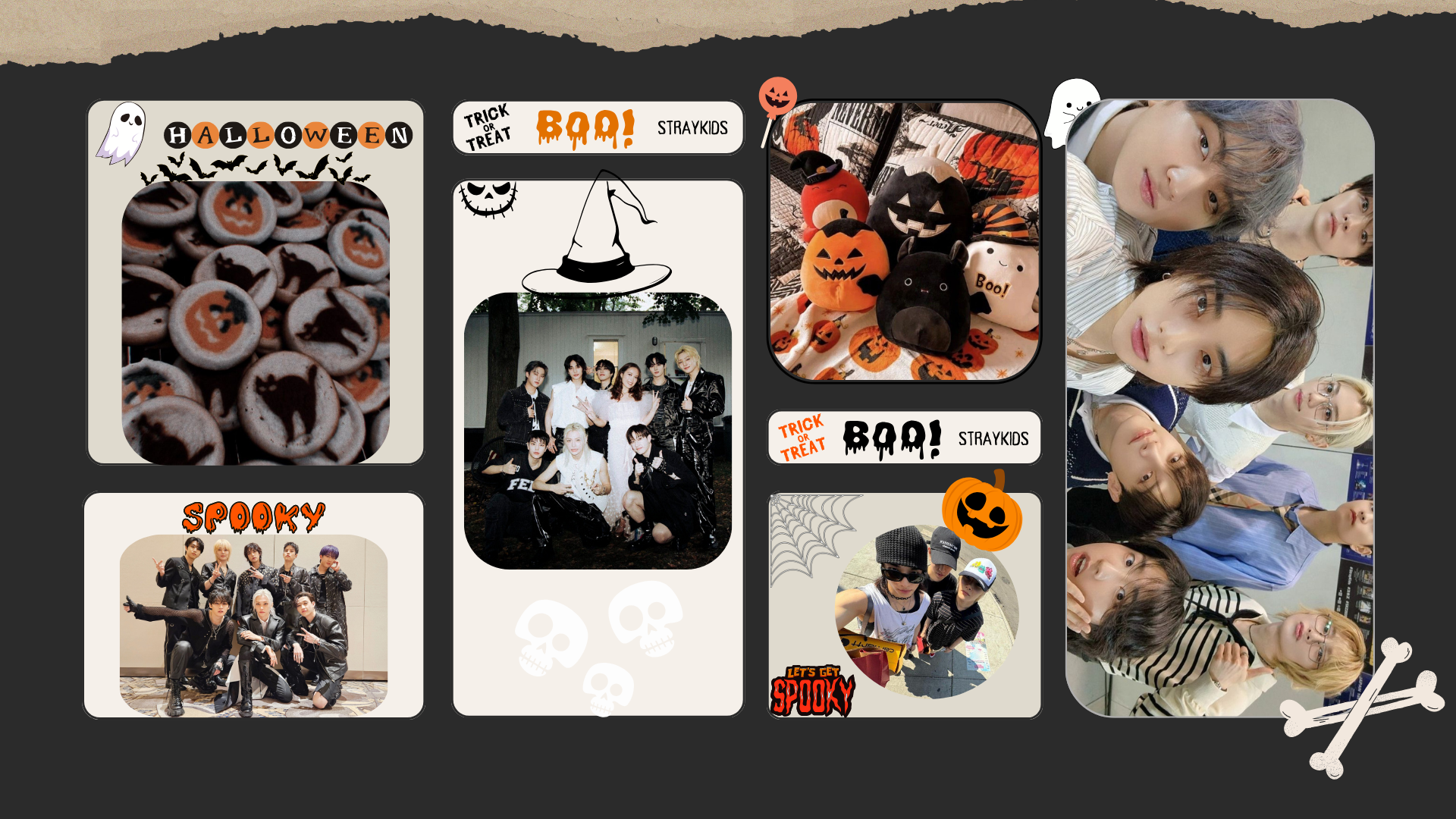 HD PC desktop wallpaper featuring Stray Kids in a Halloween-themed K-pop collage with spooky decorations and festive pumpkin and ghost graphics.