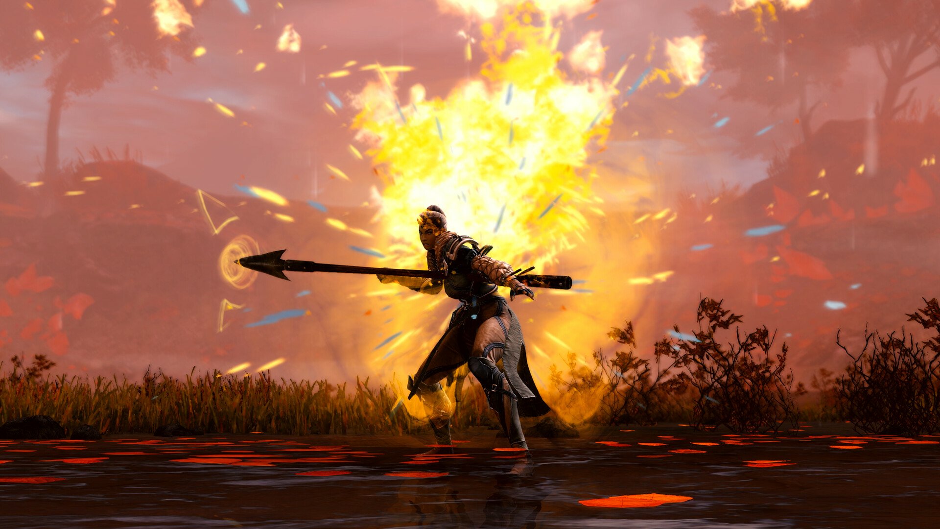 A dynamic scene from the video game Guild Wars 2: Janthir Wilds, showcasing a character wielding a spear amidst a dramatic explosion, set against a vibrant landscape.
