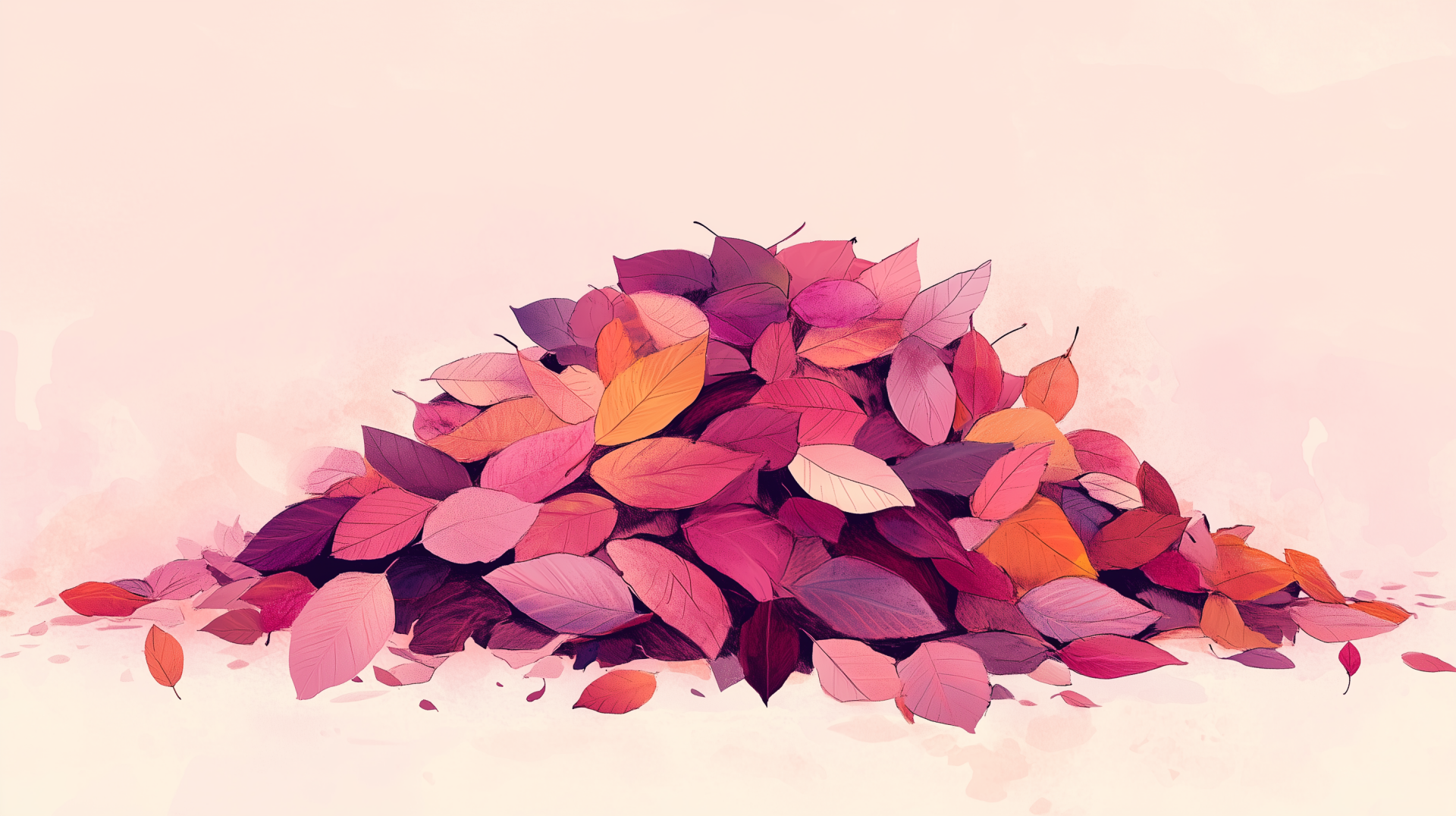 A vibrant pile of autumn leaves in shades of pink, orange, and purple, creating a stunning HD desktop wallpaper and background.
