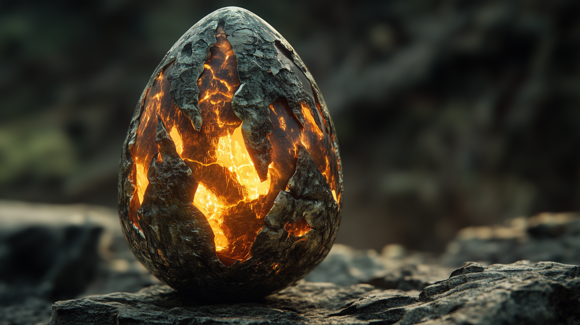 A glowing, cracked dragon egg rests on rocky terrain, radiating fiery light from within, encapsulating a mesmerizing fantasy scene in stunning HD quality.