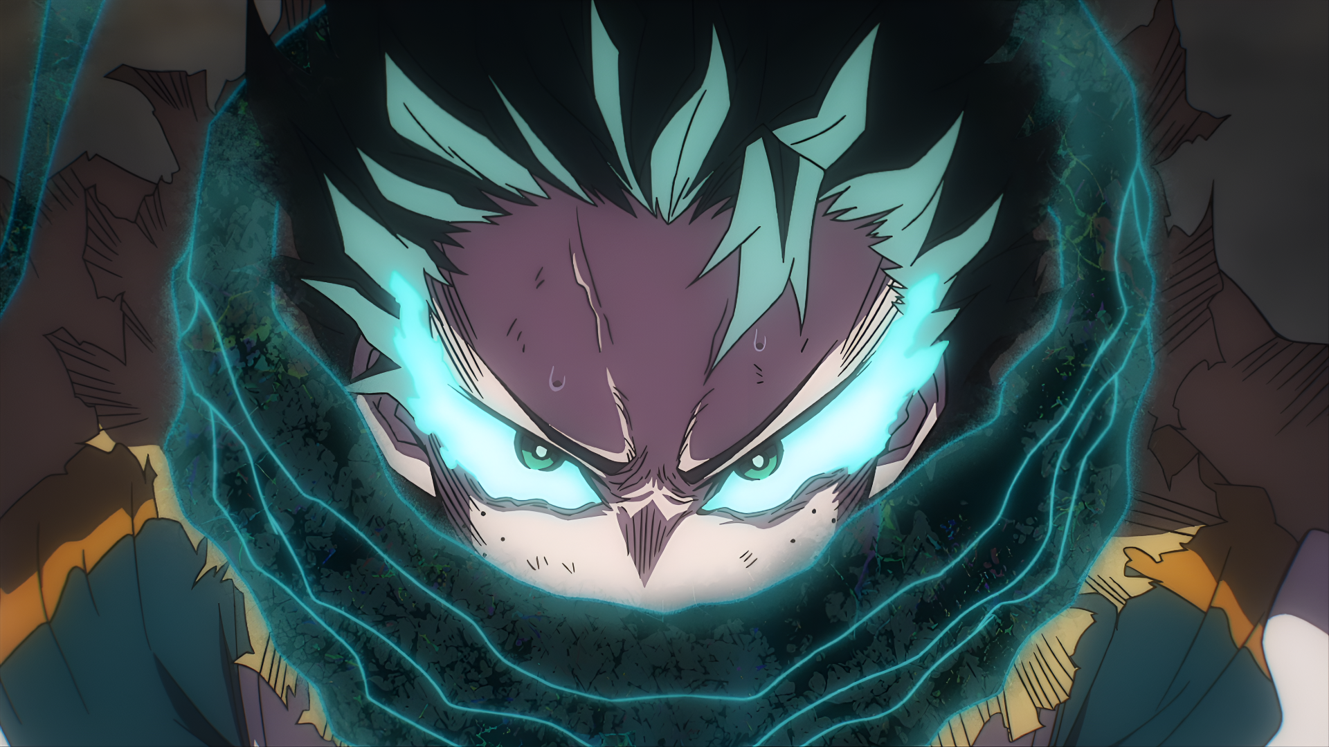4K Ultra HD desktop wallpaper of Izuku Midoriya from My Hero Academia, showcasing intense focus with glowing eyes and electric energy effects in anime style.