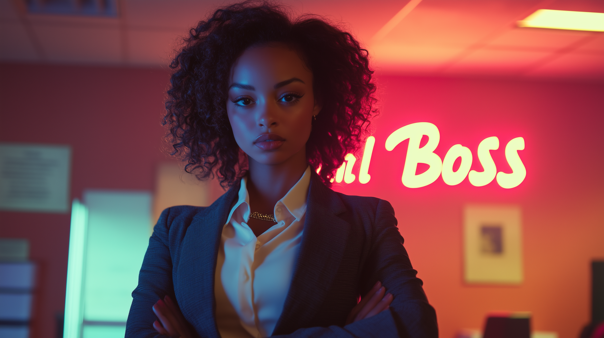 A confident woman stands with arms crossed, exuding leadership against a backdrop featuring the words Girl Boss, creating an empowering HD desktop wallpaper.